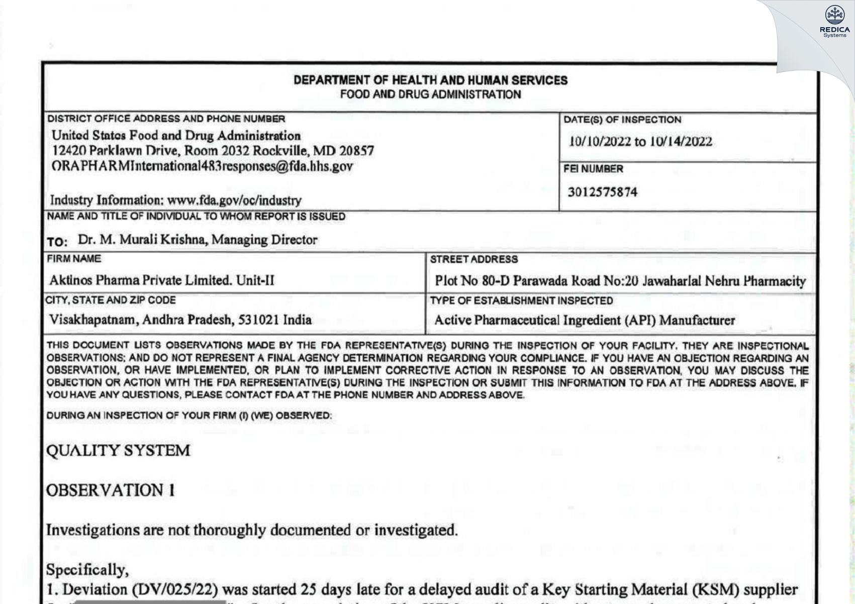 FDA 483 - AKTINOS PHARMA PRIVATE LIMITED [Visakhapatnam / India] - Download PDF - Redica Systems