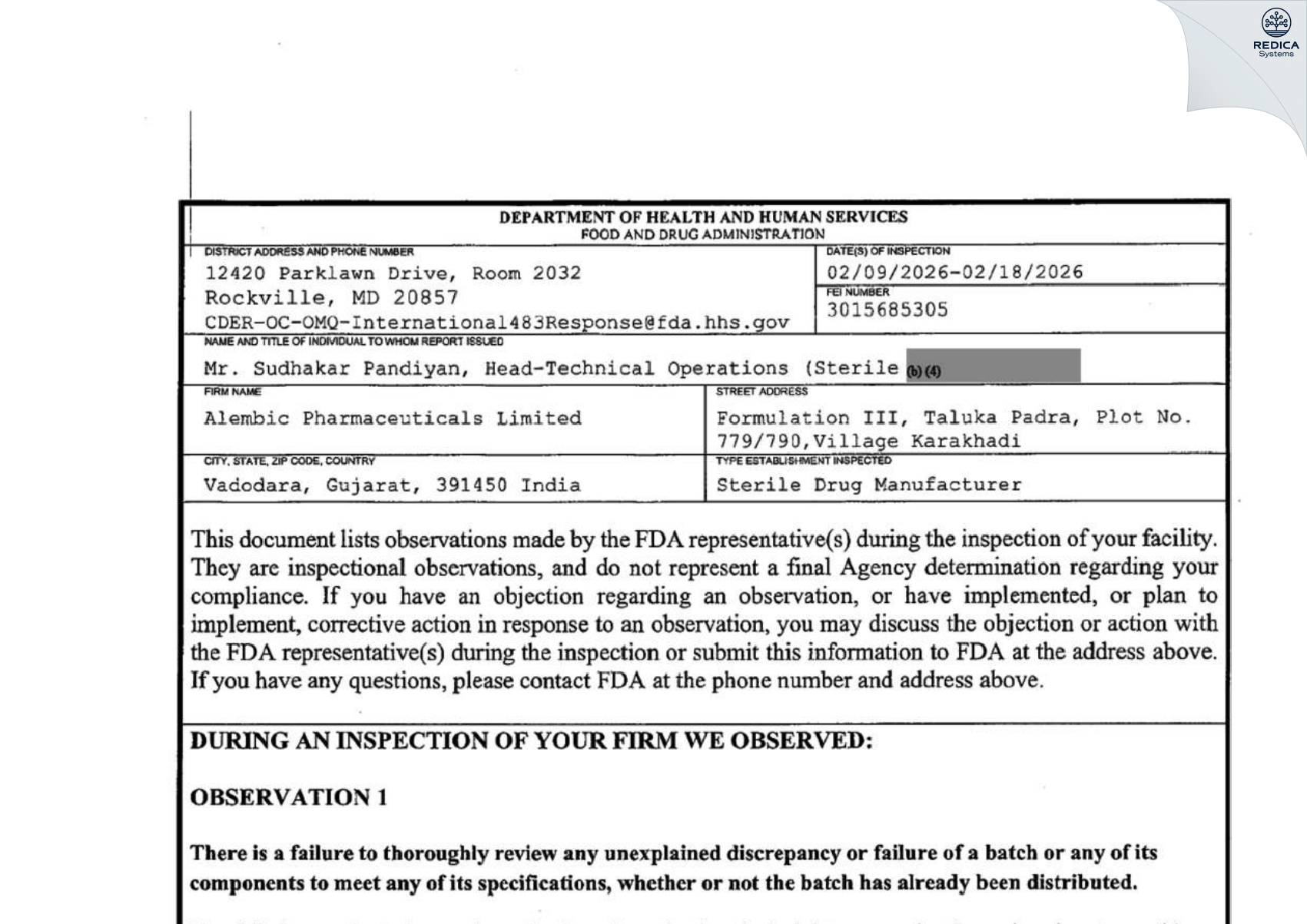 FDA 483 - Alembic Pharmaceuticals Limited [Padra / India] - Download PDF - Redica Systems