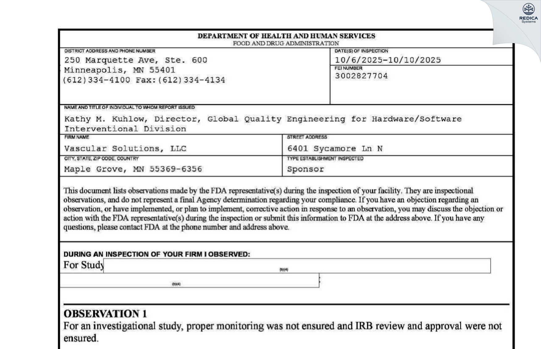 FDA 483 - Vascular Solutions, Inc. [Maple Grove / United States of America] - Download PDF - Redica Systems