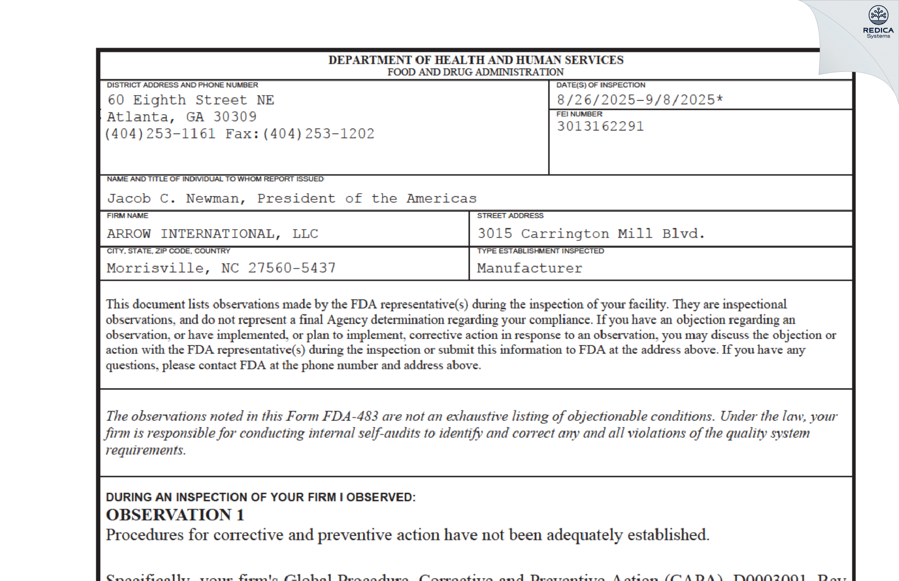 FDA 483 - Arrow International LLC (subsidiary of Teleflex Incorporated) [Morrisville / United States of America] - Download PDF - Redica Systems