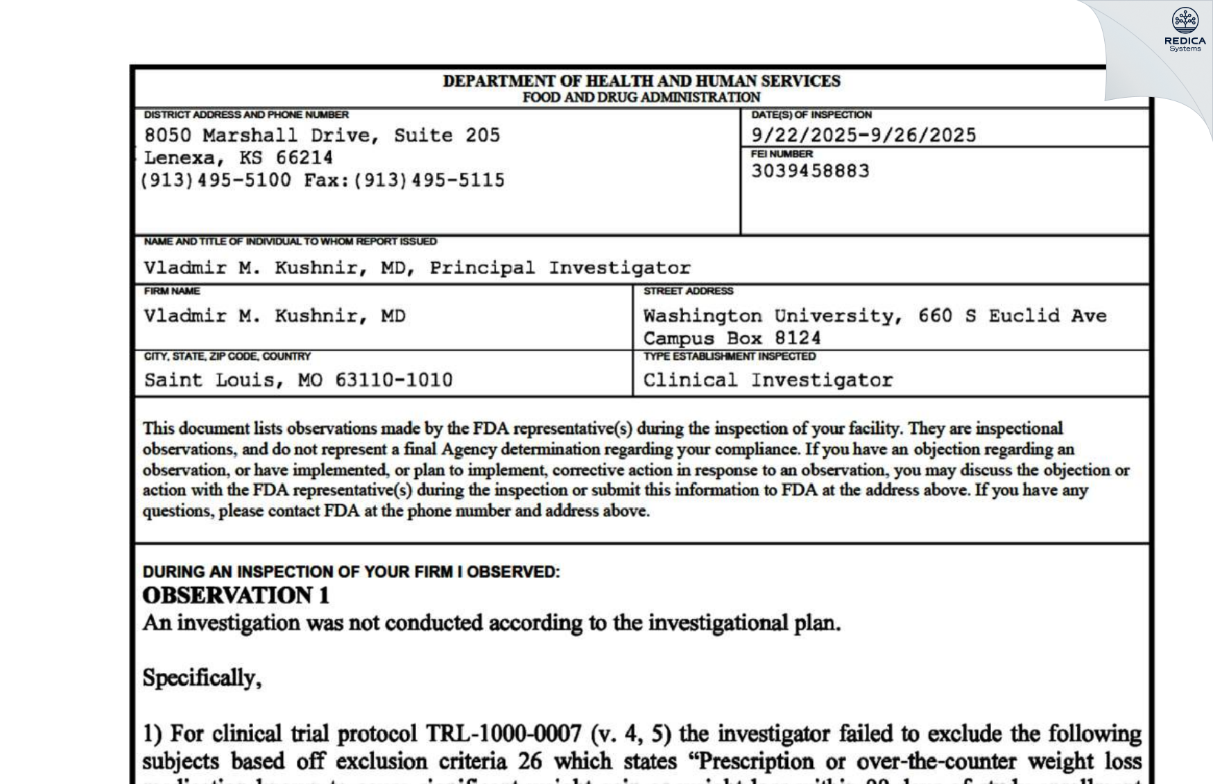FDA 483 - Vladmir M. Kushnir, MD [Saint Louis / United States of America] - Download PDF - Redica Systems