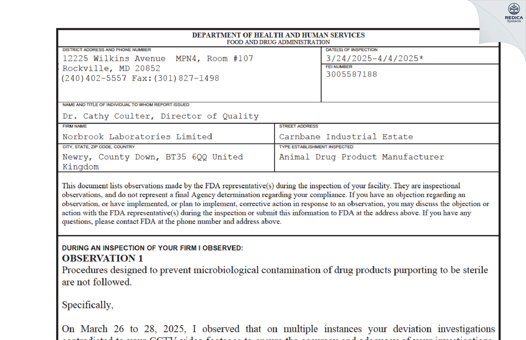 FDA 483 - Norbrook Laboratories Limited [Newry / United Kingdom of Great Britain and Northern Ireland] - Download PDF - Redica Systems