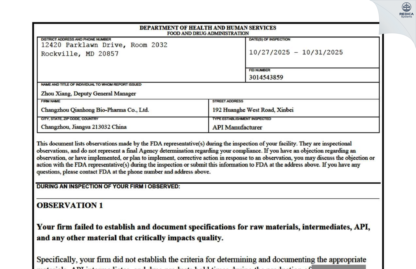 FDA 483 - Yangzhou H&R Plastic Daily Chemical Co., Ltd. [Yangzhou / China] - Download PDF - Redica Systems