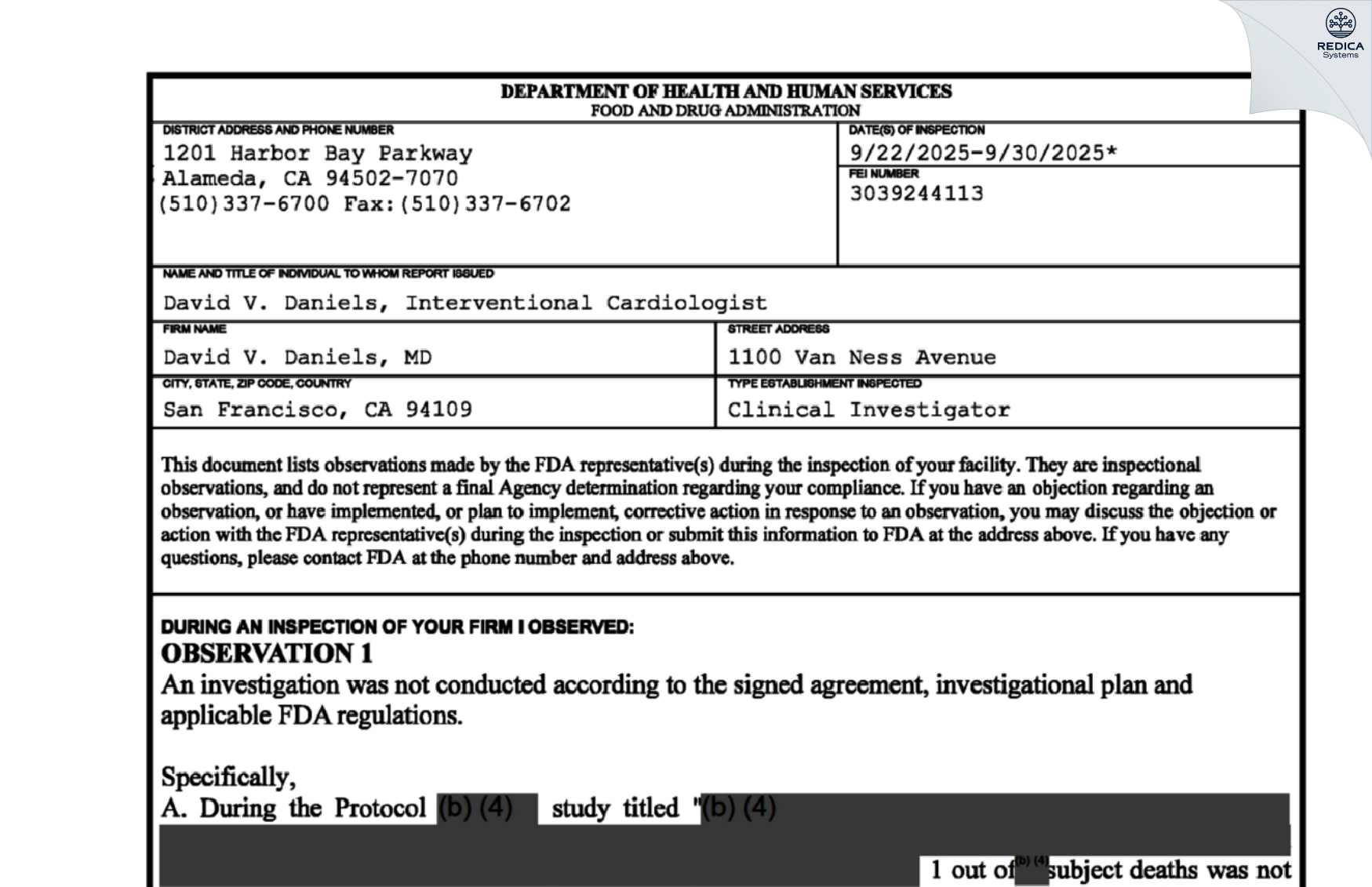 FDA 483 - David V. Daniels, MD [San Francisco / United States of America] - Download PDF - Redica Systems