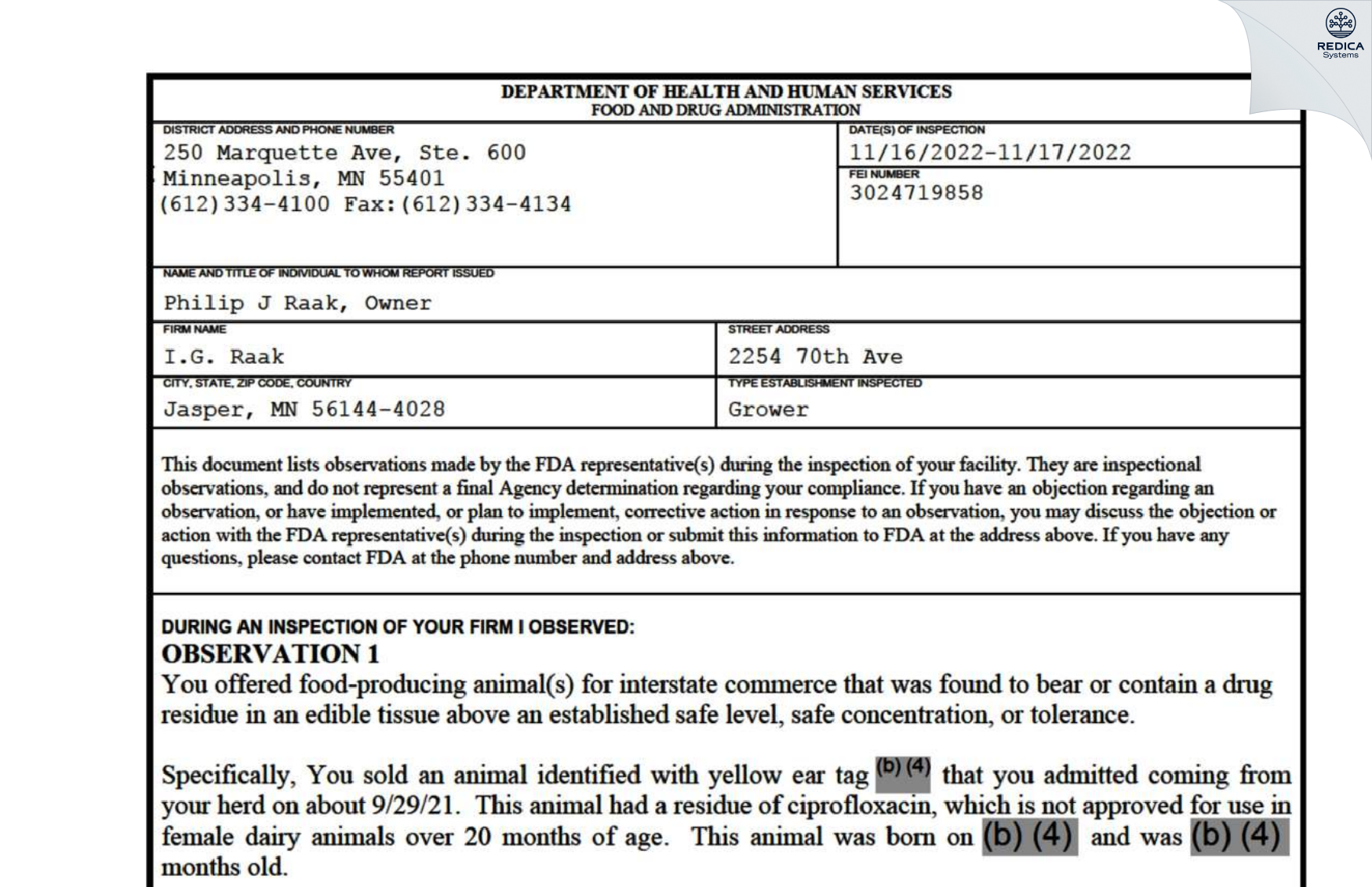 FDA 483 - I.G. Raak [Jasper / United States of America] - Download PDF - Redica Systems
