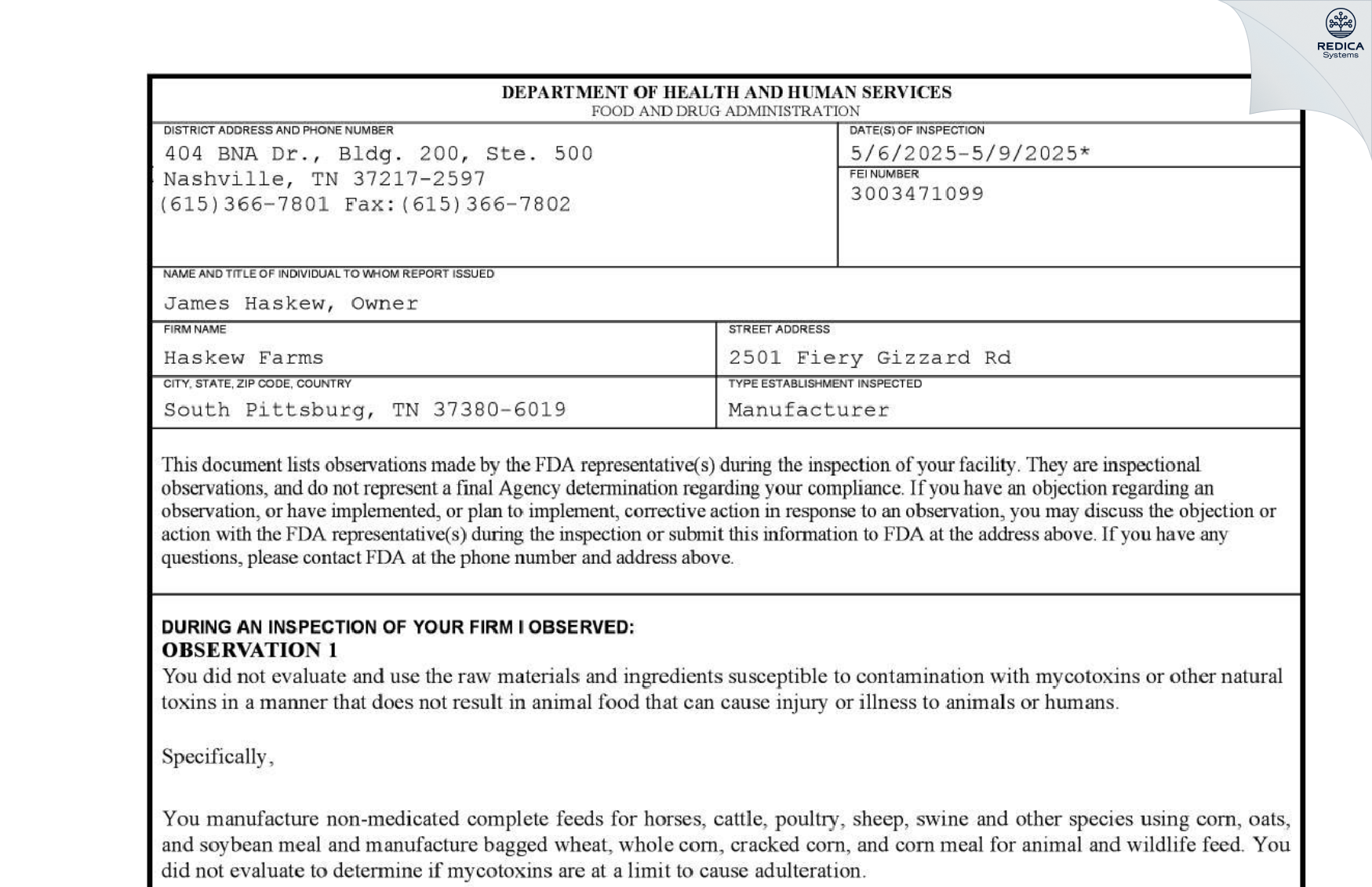 FDA 483 - Haskew Farms [South Pittsburg / United States of America] - Download PDF - Redica Systems