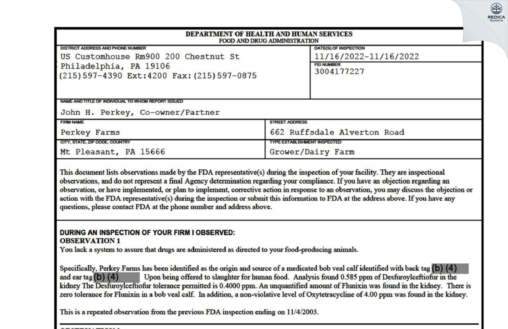 FDA 483 - Perkey Farms [Mount Pleasant / United States of America] - Download PDF - Redica Systems