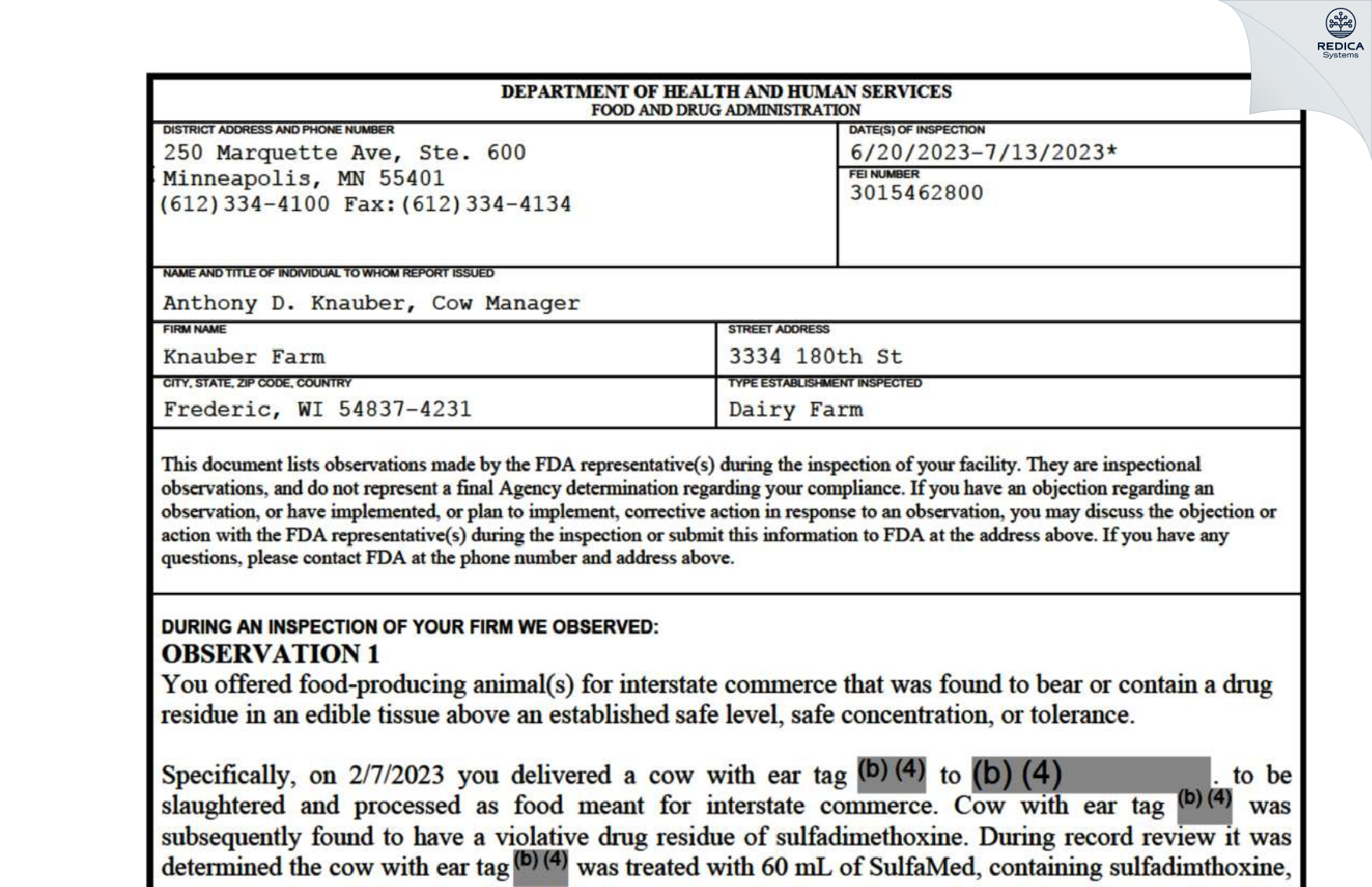 FDA 483 - Knauber Farm [Frederic / United States of America] - Download PDF - Redica Systems