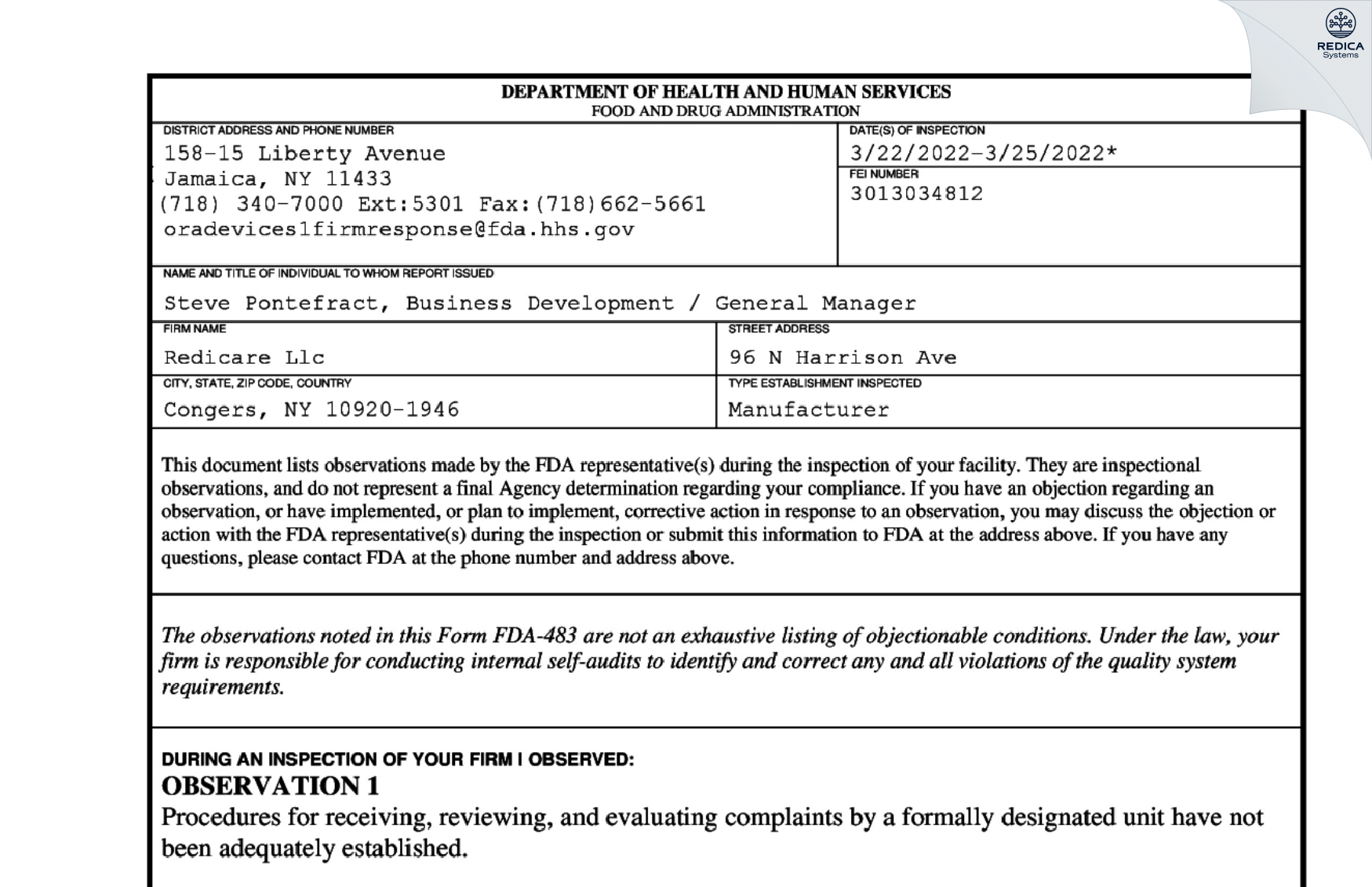FDA 483 - REDICARE LLC [Congers / United States of America] - Download PDF - Redica Systems