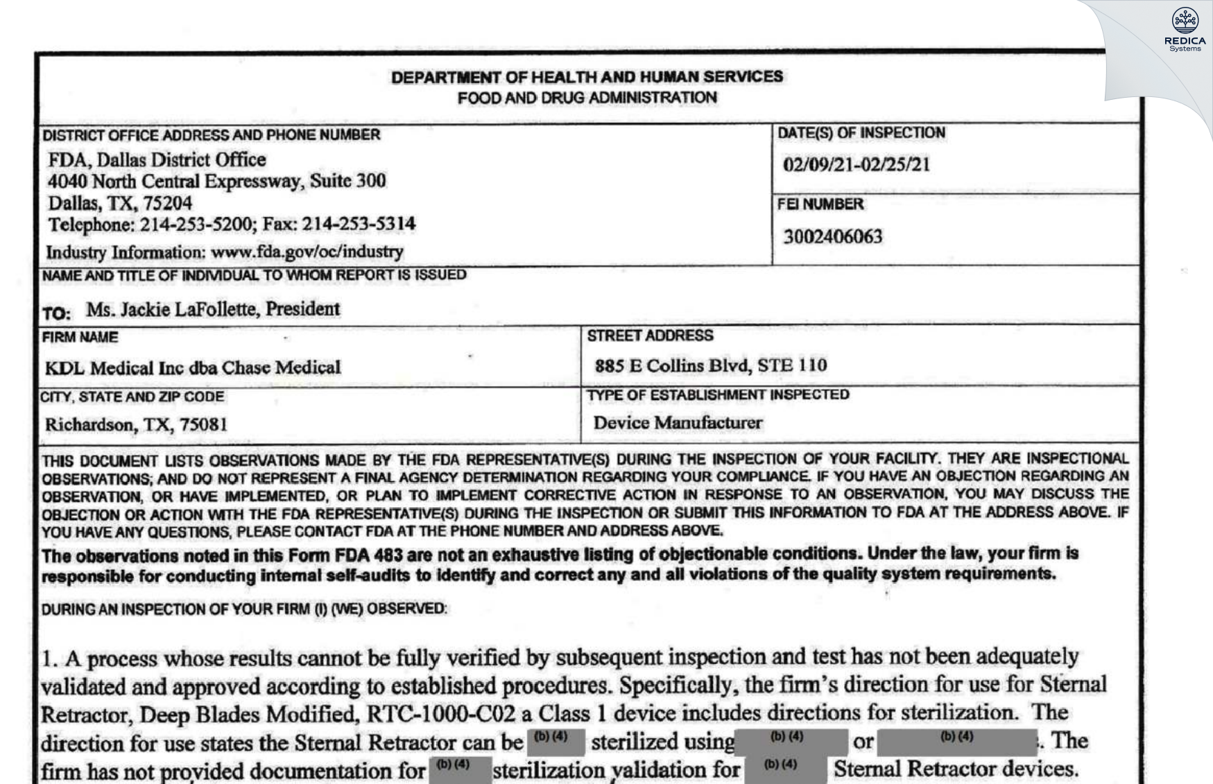 FDA 483 - Chase Medical, LP [Richardson / United States of America] - Download PDF - Redica Systems