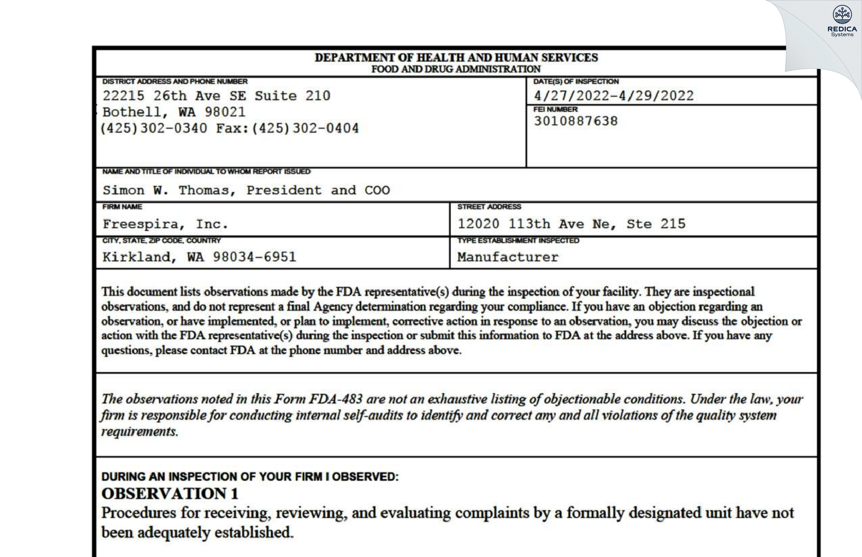 FDA 483 - Freespira, Inc. [Kirkland / United States of America] - Download PDF - Redica Systems