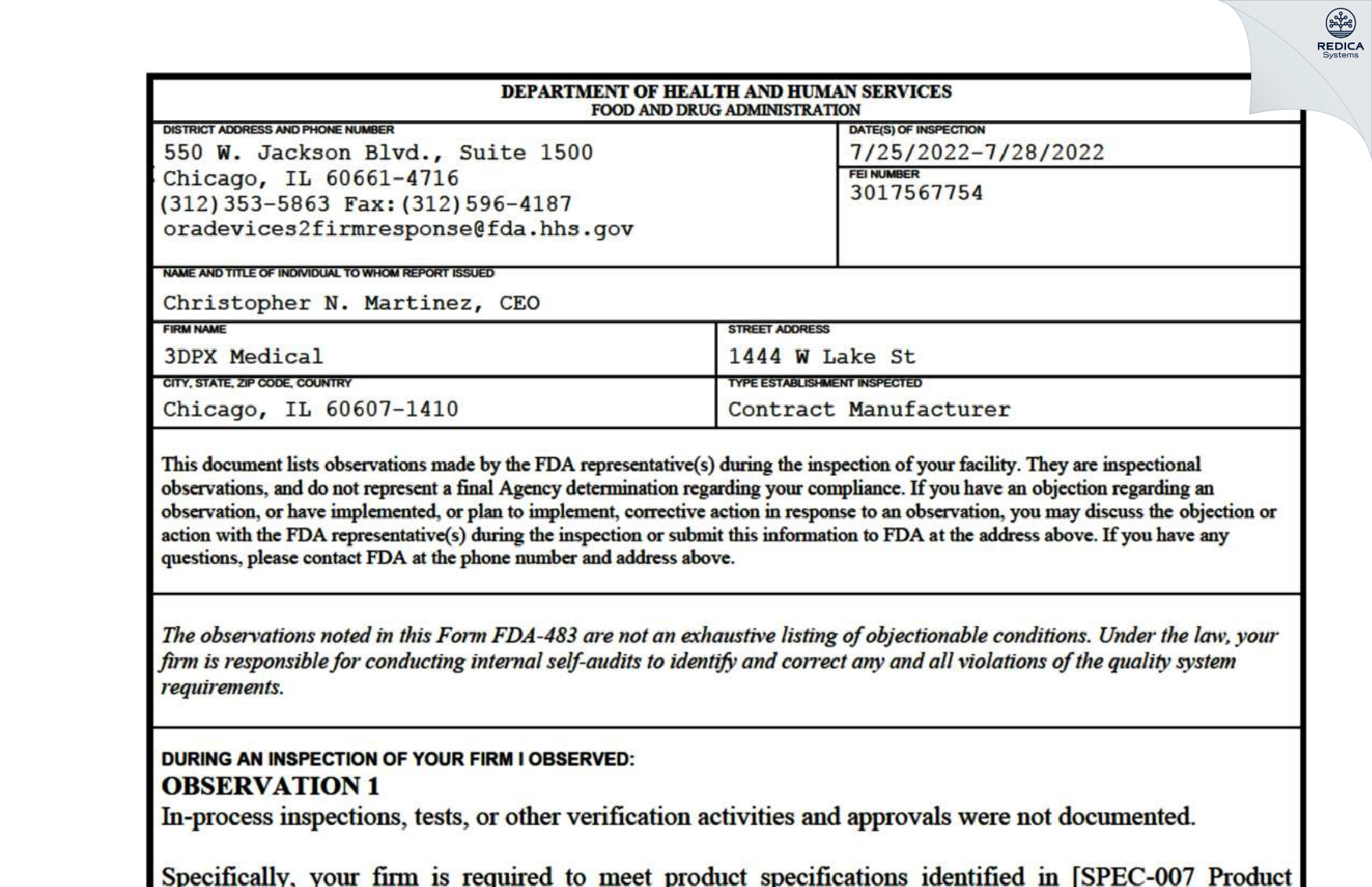 FDA 483 - 3DPX Medical [Chicago / United States of America] - Download PDF - Redica Systems