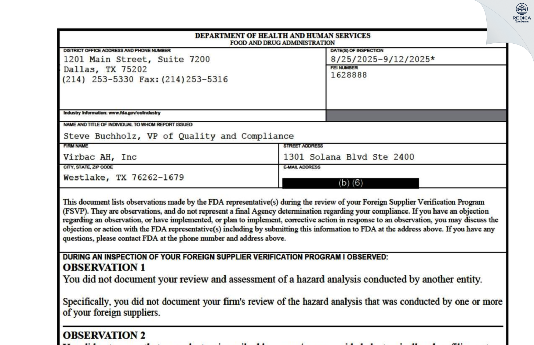 FDA 483 - Virbac AH, Inc [Roanoke / United States of America] - Download PDF - Redica Systems