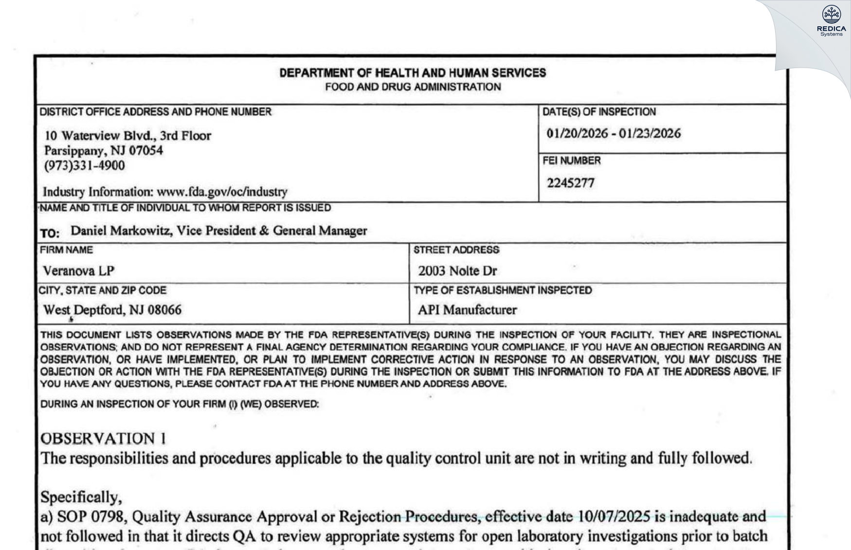FDA 483 - Veranova, L.P. [Paulsboro / United States of America] - Download PDF - Redica Systems