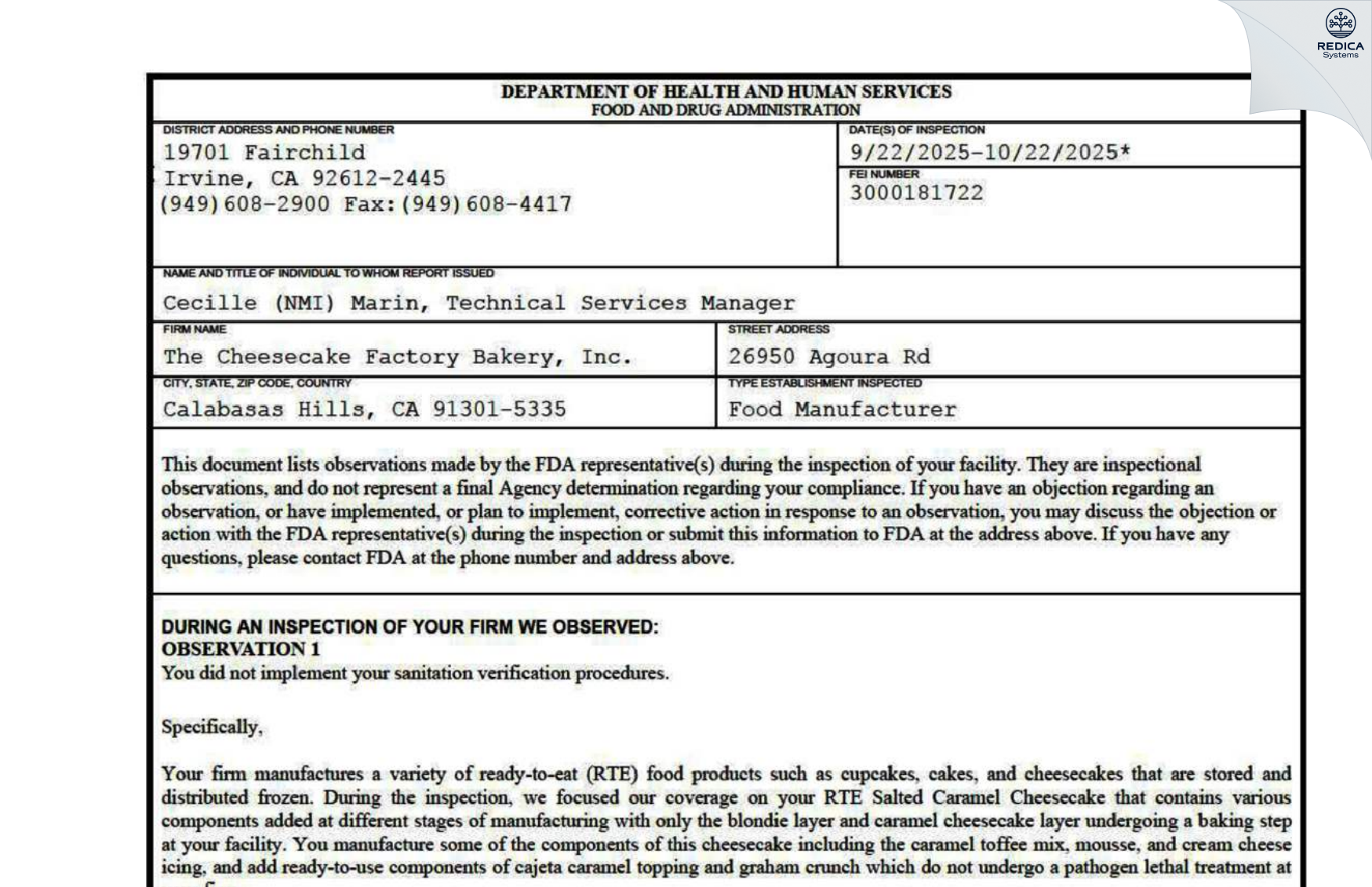 FDA 483 - Cheesecake Factory Inc, The [Agoura Hills / United States of America] - Download PDF - Redica Systems