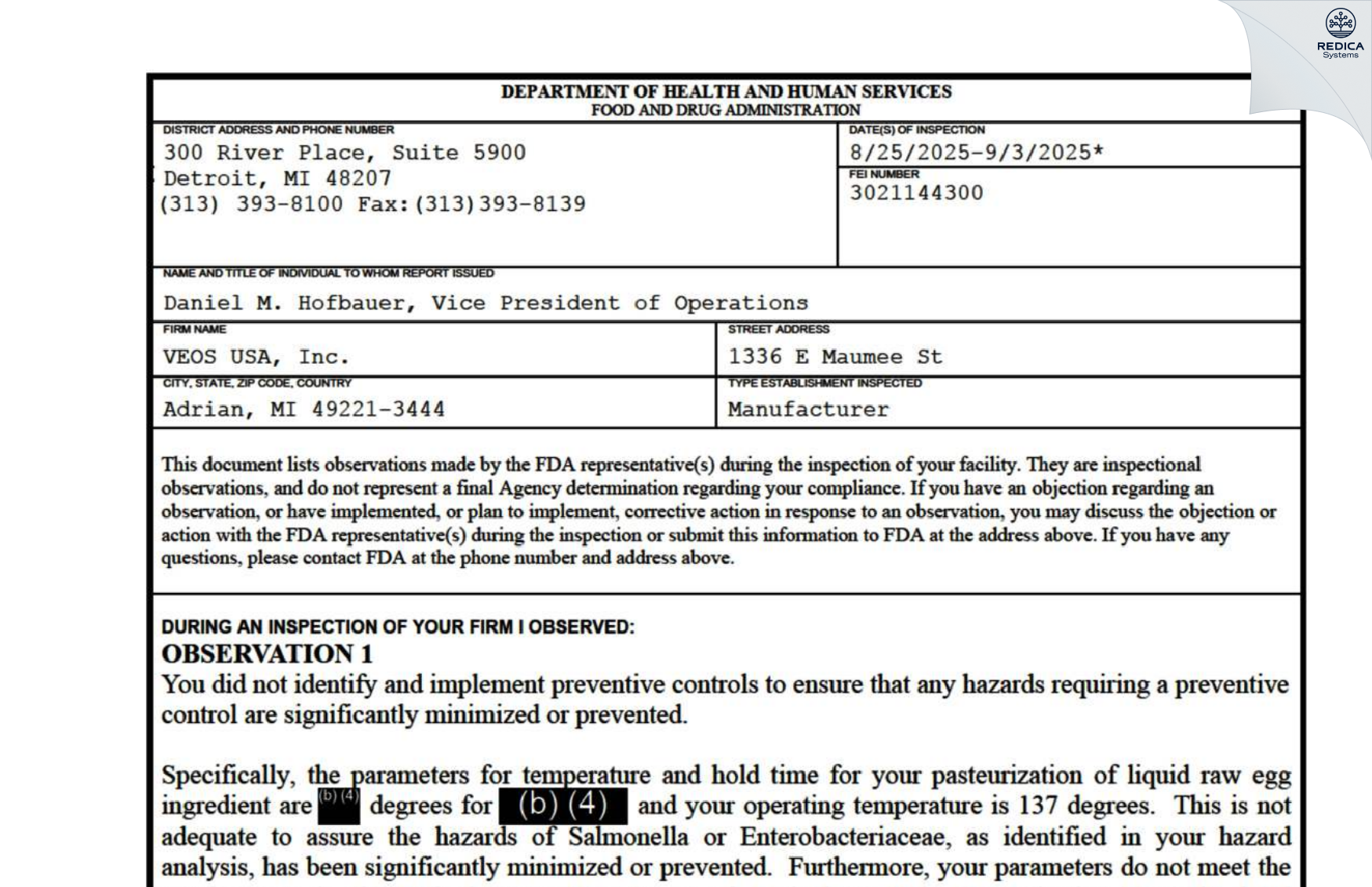 FDA 483 - Crimson Holdings, LLC [Adrian / United States of America] - Download PDF - Redica Systems