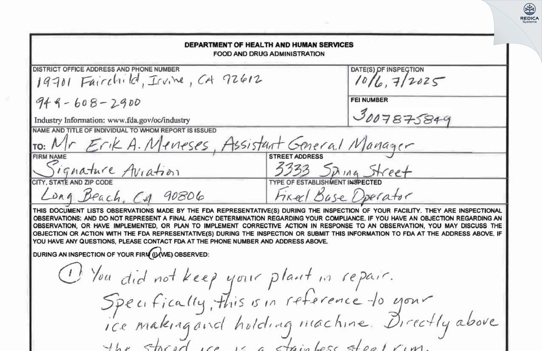 FDA 483 - Signature Flight Support [Long Beach / United States of America] - Download PDF - Redica Systems