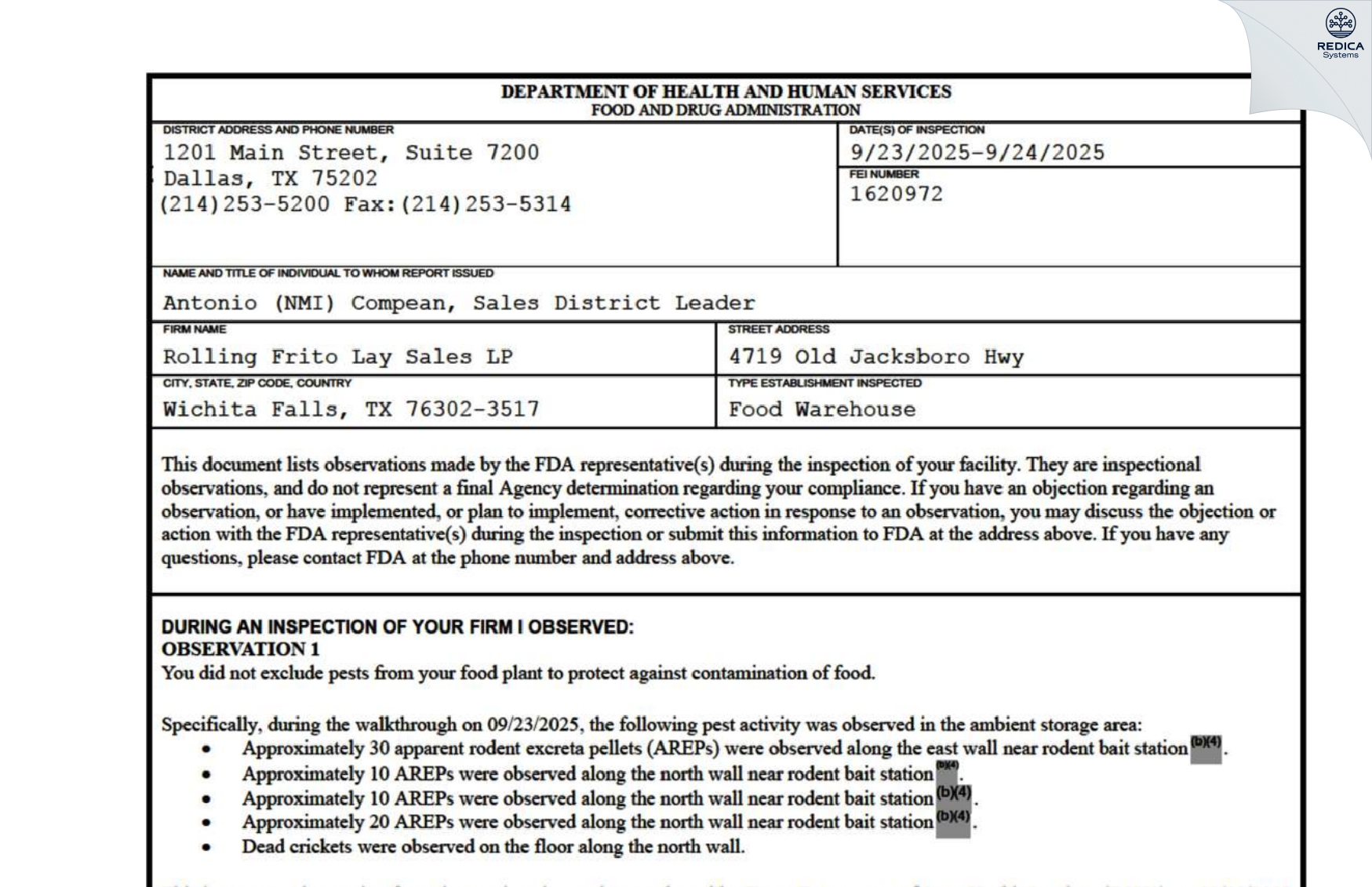 FDA 483 - Frito Lay, Inc [Wichita Falls / United States of America] - Download PDF - Redica Systems