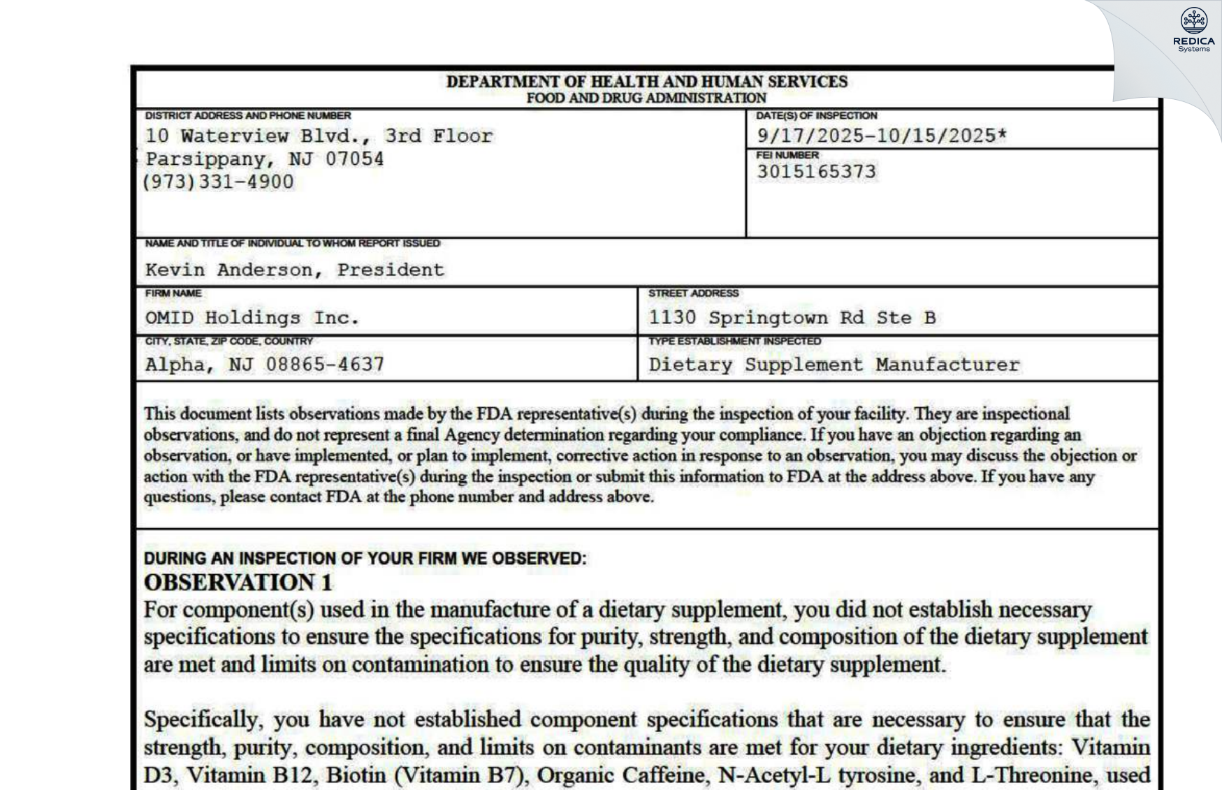 FDA 483 - OMID Holdings [Phillipsburg / United States of America] - Download PDF - Redica Systems