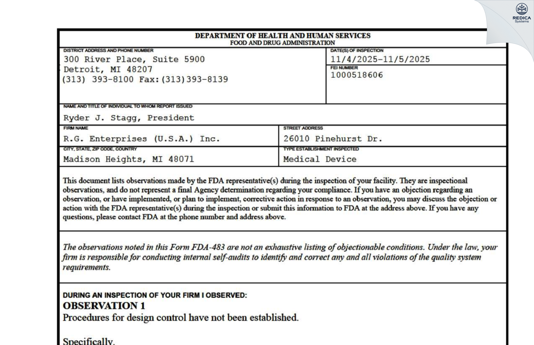 FDA 483 - RG ENT., INC. [Wixom / United States of America] - Download PDF - Redica Systems