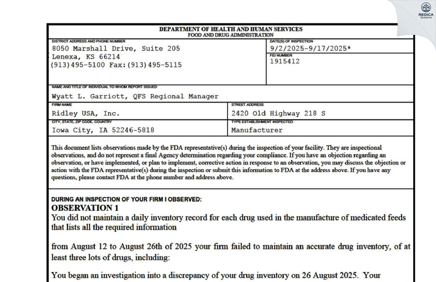 FDA 483 - Ridley USA Inc. [Iowa City / United States of America] - Download PDF - Redica Systems
