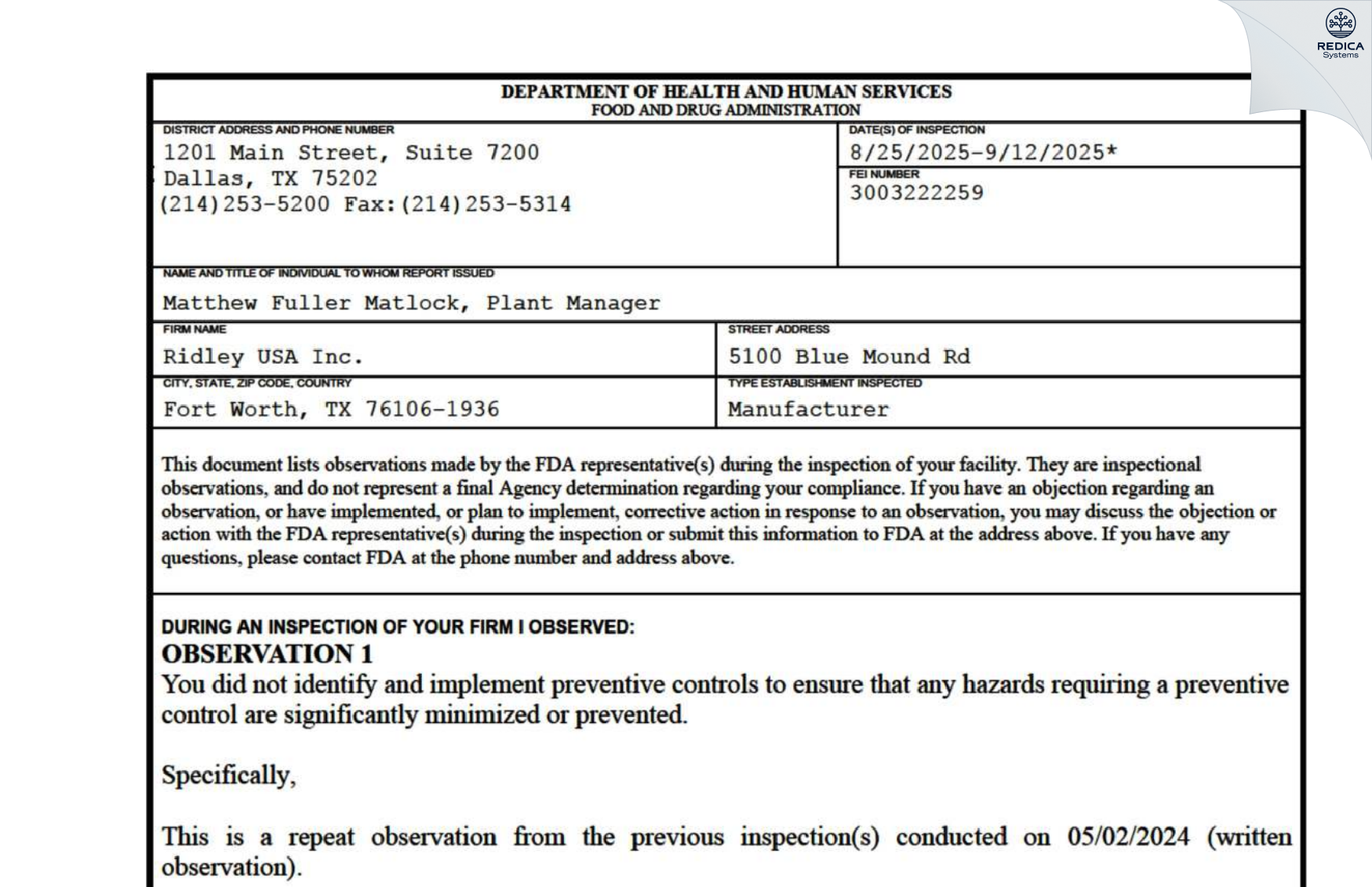 FDA 483 - Ridley USA Inc. [Fort Worth / United States of America] - Download PDF - Redica Systems