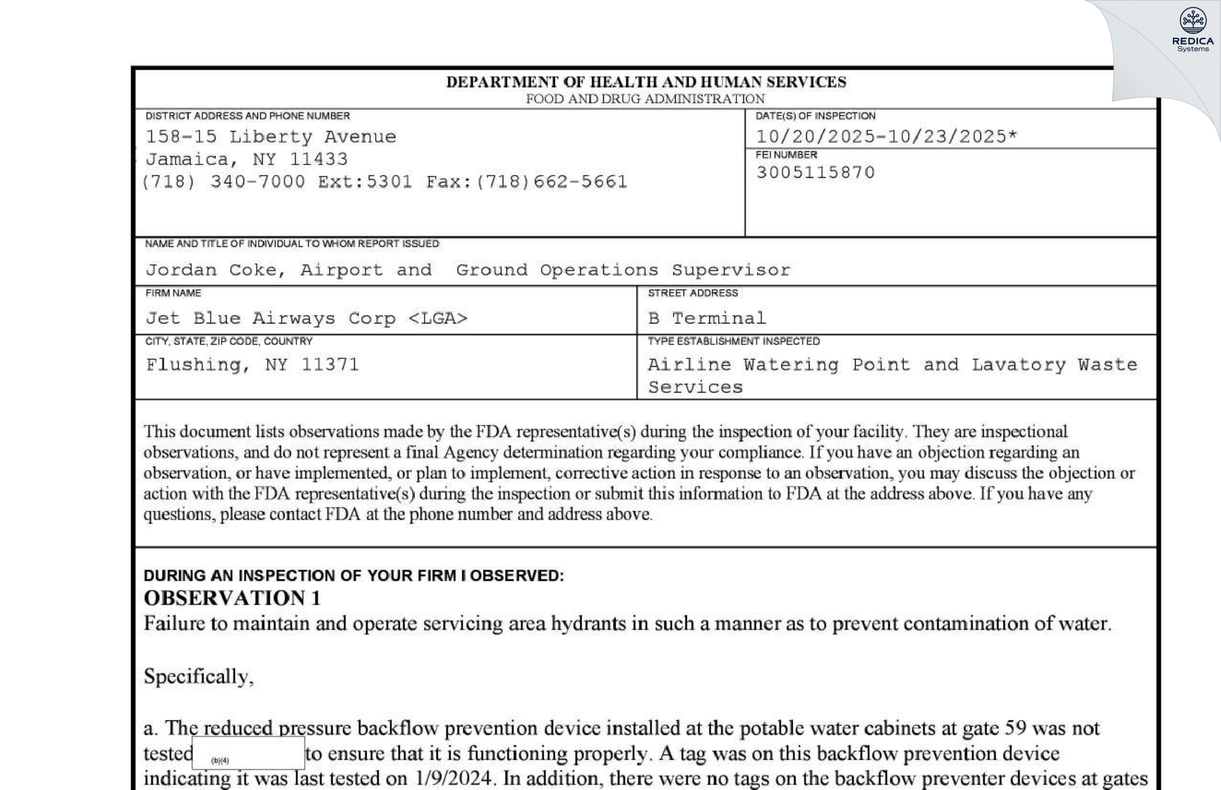 FDA 483 - Jet Blue Airways Corp <LGA> [Flushing / United States of America] - Download PDF - Redica Systems