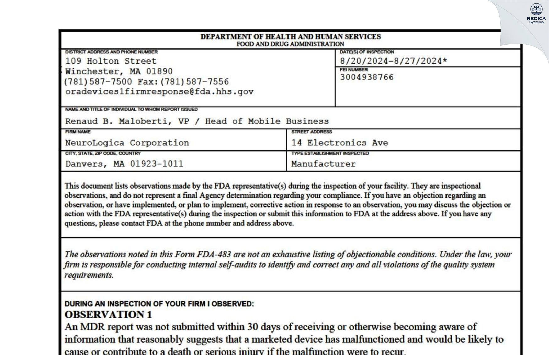 FDA 483 - NeuroLogica Corporation [Danvers / United States of America] - Download PDF - Redica Systems