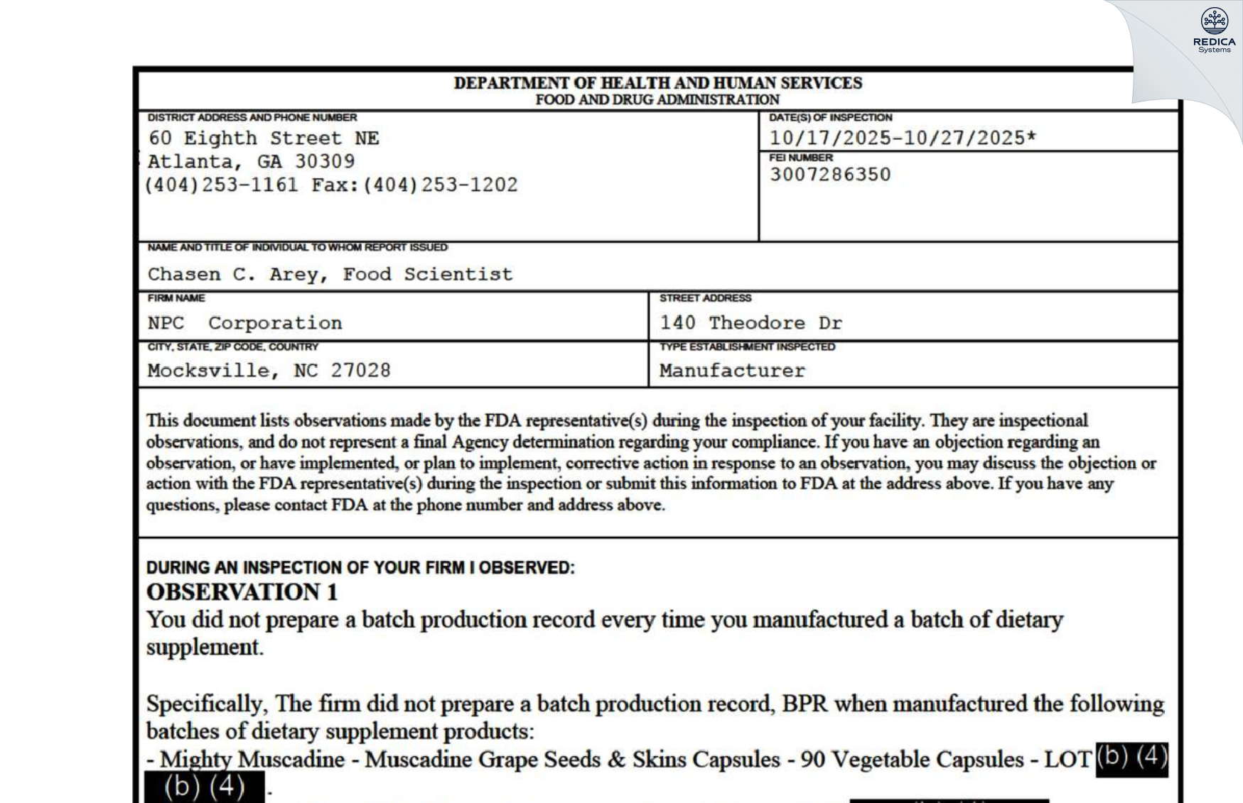 FDA 483 - NPC Corporation [Mocksville / United States of America] - Download PDF - Redica Systems