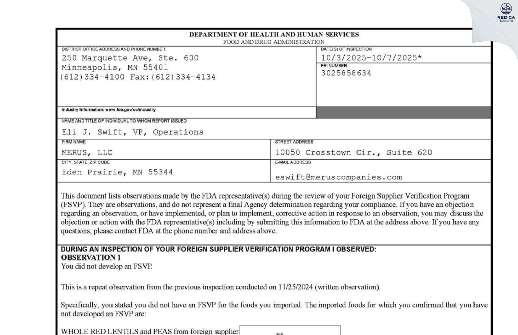 FDA 483 - MERUS, LLC [Minneapolis / United States of America] - Download PDF - Redica Systems