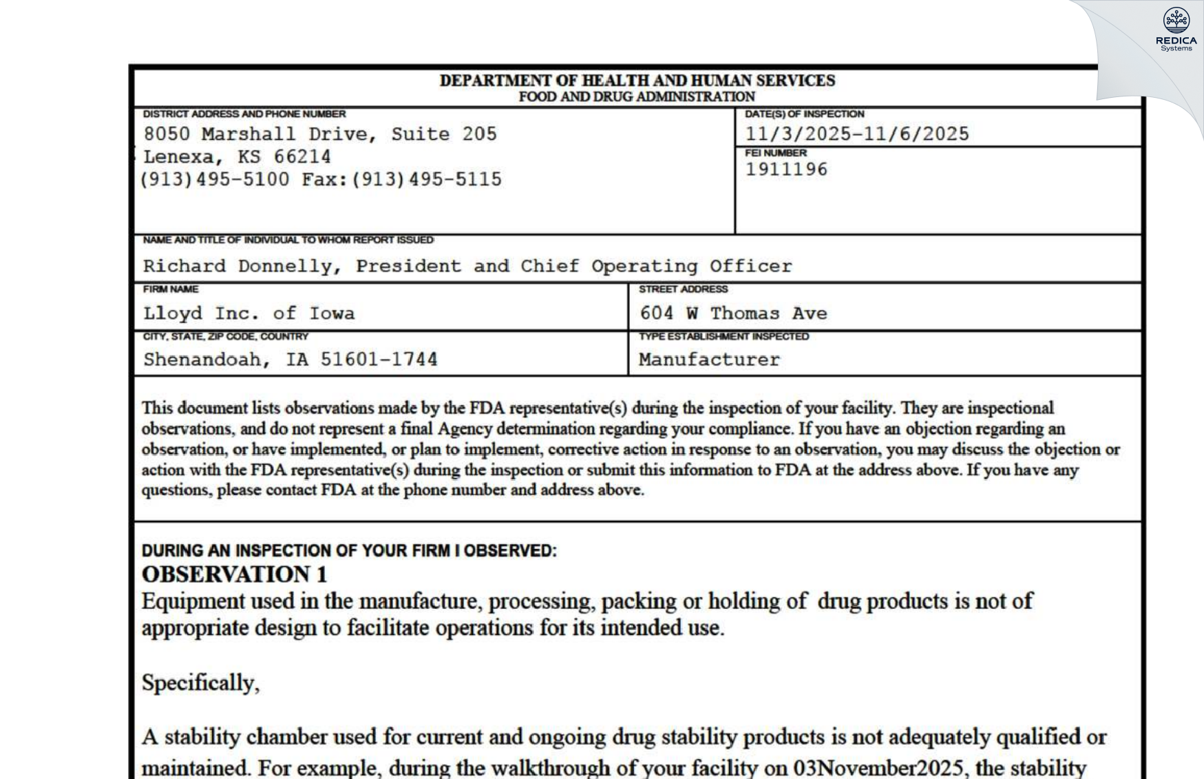 FDA 483 - LLOYD, Inc. of Iowa [Shenandoah / United States of America] - Download PDF - Redica Systems