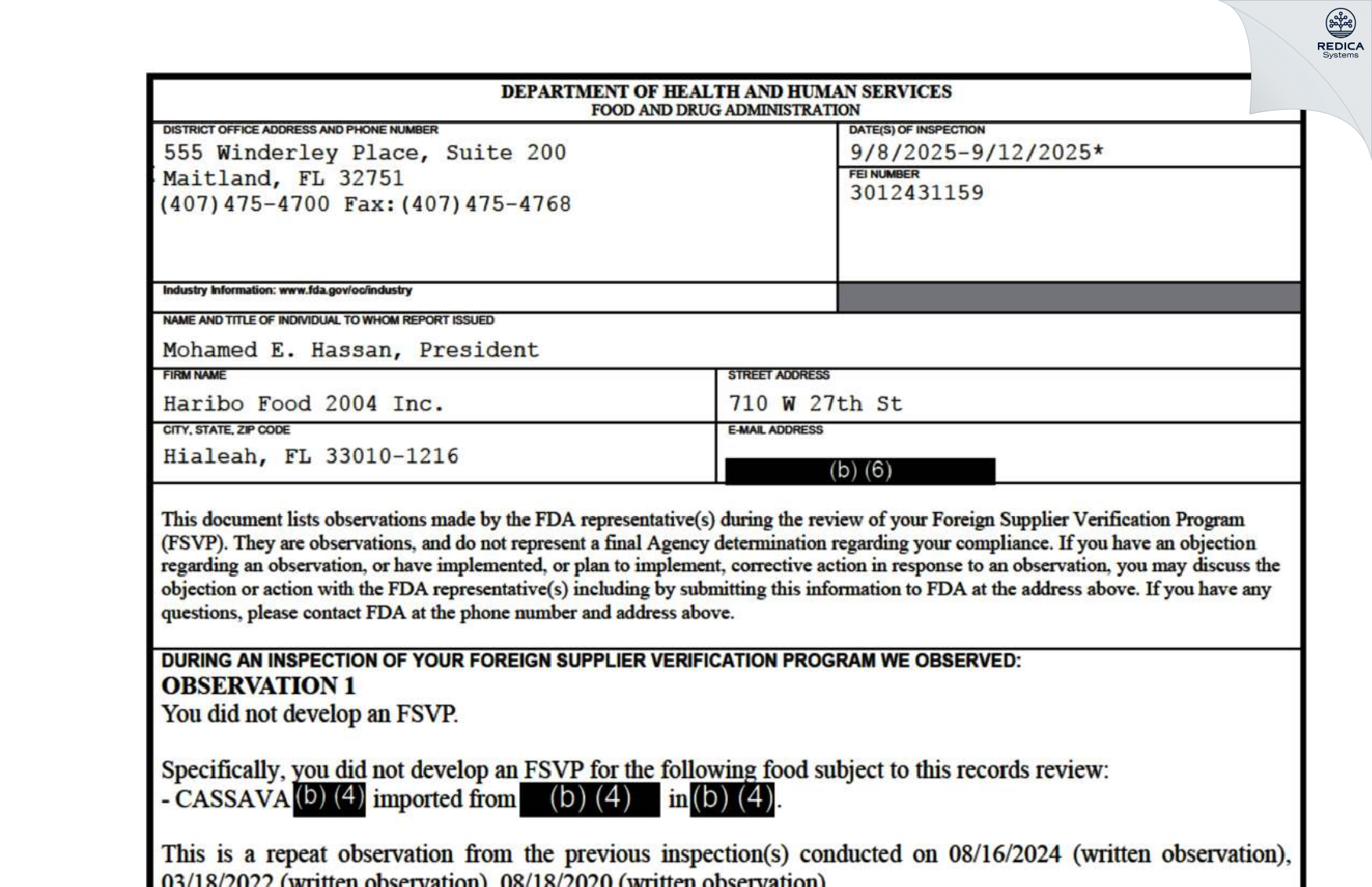 FDA 483 - HARIBO FOOD 2004 INC [Hialeah / United States of America] - Download PDF - Redica Systems