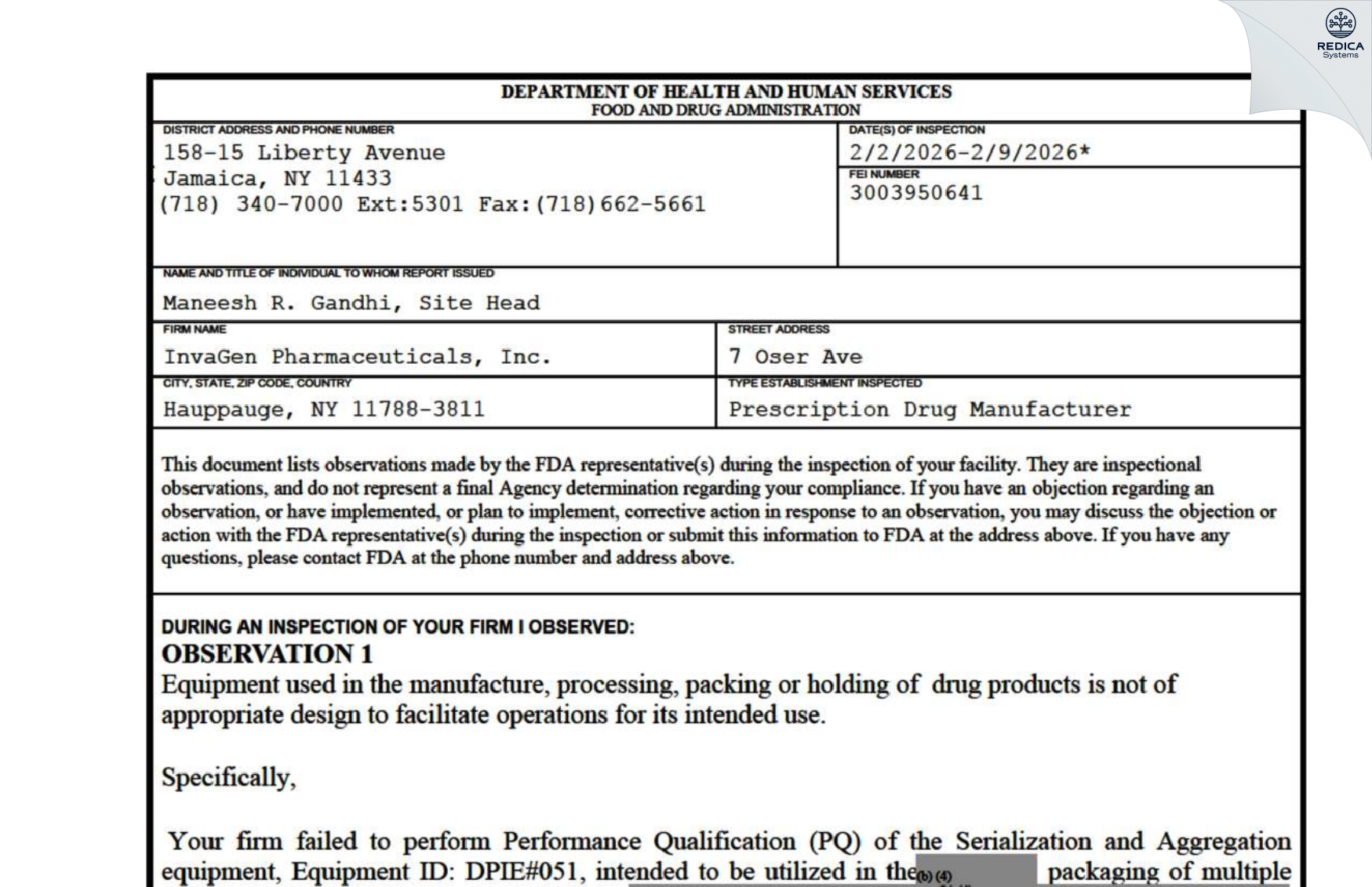 FDA 483 - InvaGen Pharmaceuticals, Inc [Hauppauge / United States of America] - Download PDF - Redica Systems