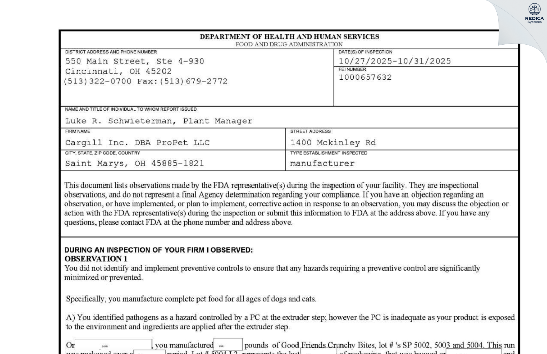 FDA 483 - Cargill Inc. [Saint Marys / United States of America] - Download PDF - Redica Systems