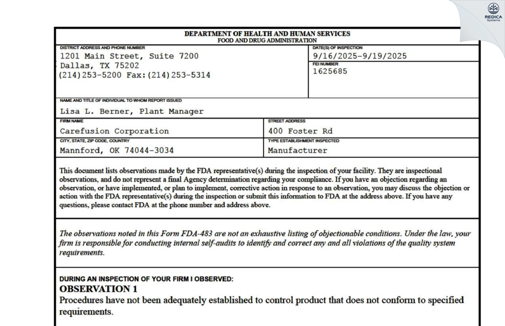 FDA 483 - Carefusion Corporation [Mannford / United States of America] - Download PDF - Redica Systems
