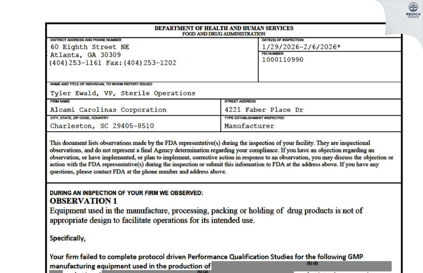 FDA 483 - Alcami Carolinas Corporation [North Charleston / United States of America] - Download PDF - Redica Systems