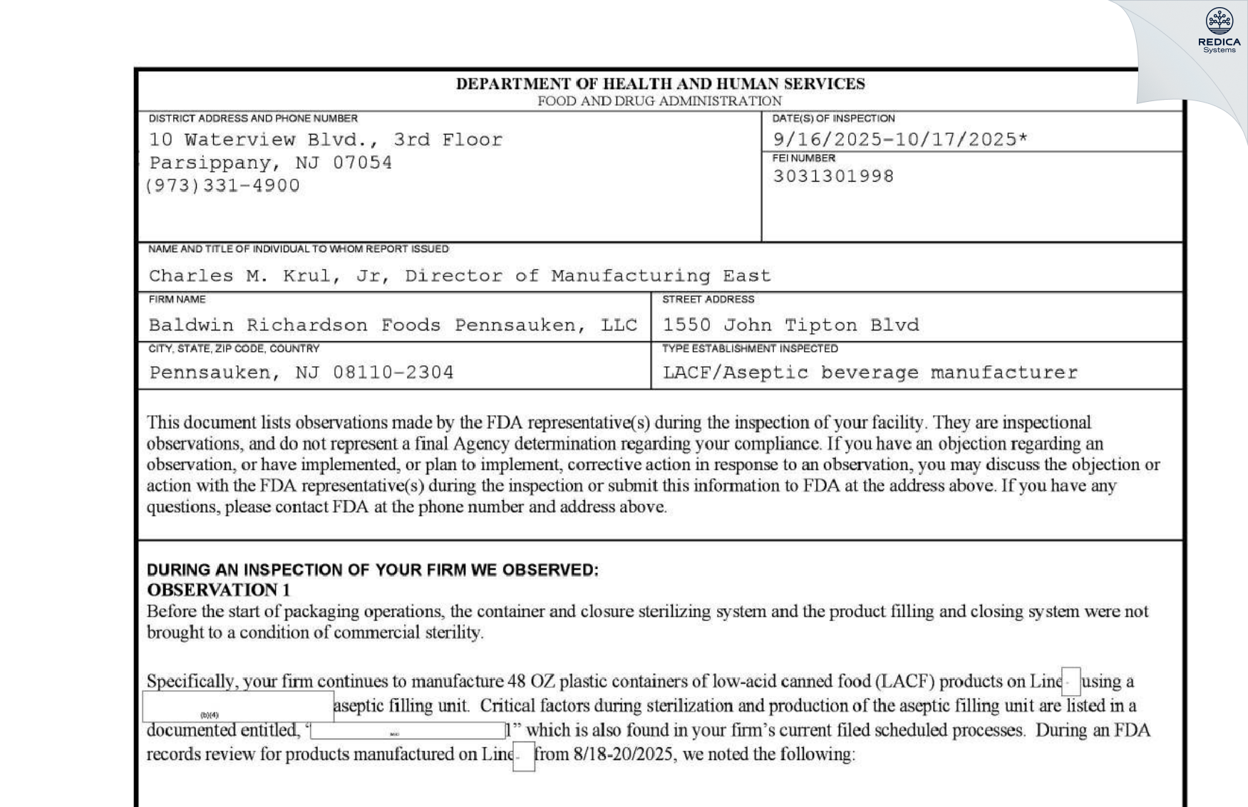 FDA 483 - Baldwin Richardson Foods Pennsauken, LLC [Pennsauken / United States of America] - Download PDF - Redica Systems