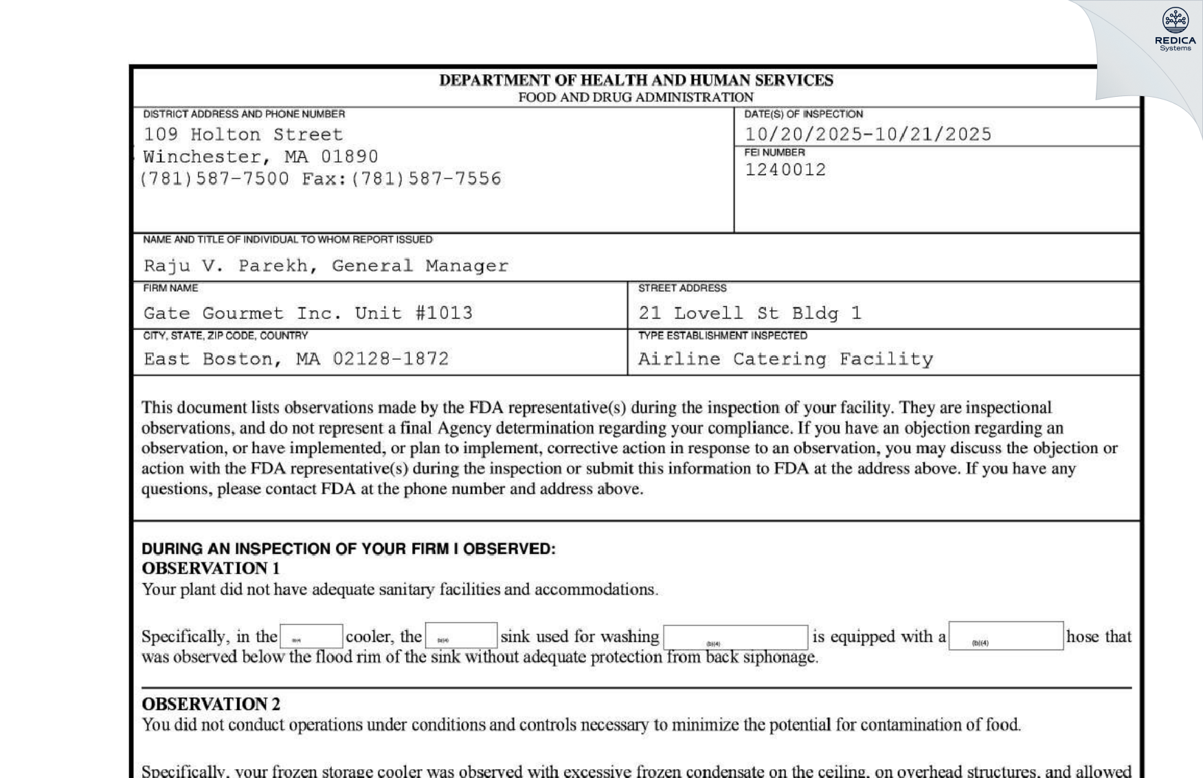 FDA 483 - Gate Gourmet Inc. Unit #231 [East Boston / United States of America] - Download PDF - Redica Systems