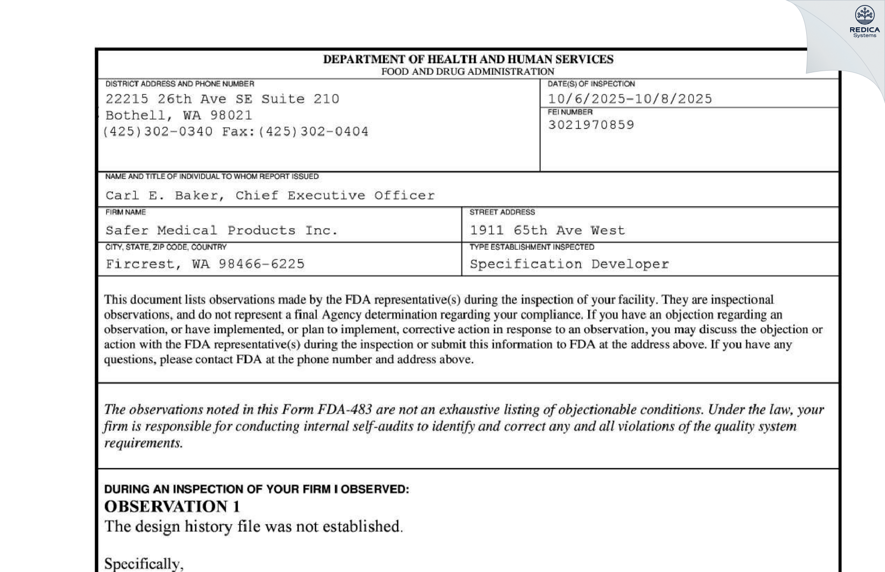 FDA 483 - SAFER MEDICAL PRODUCTS [Branson / United States of America] - Download PDF - Redica Systems