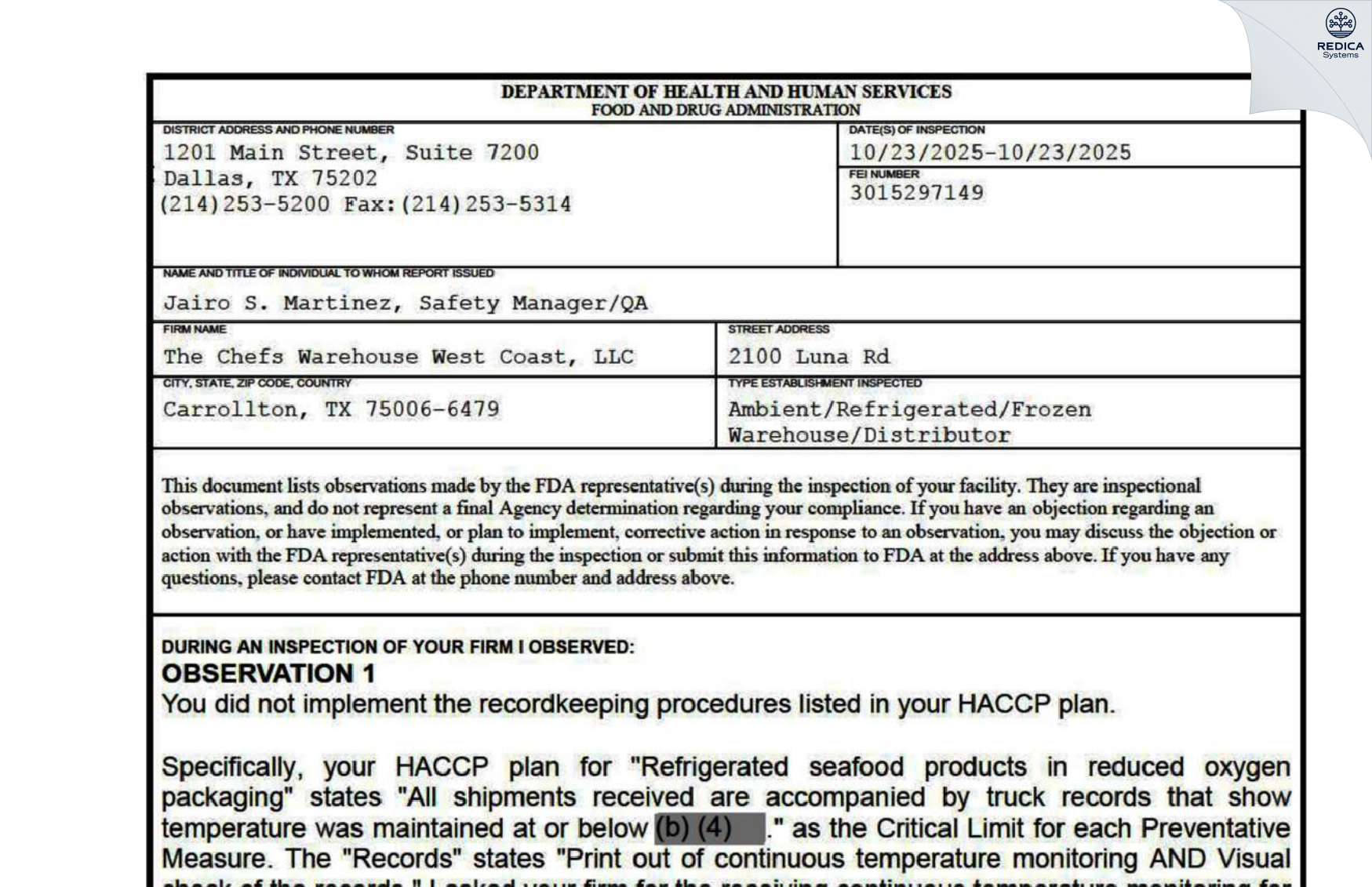 FDA 483 - The Chefs Warehouse West Coast, LLC [Carrollton / United States of America] - Download PDF - Redica Systems