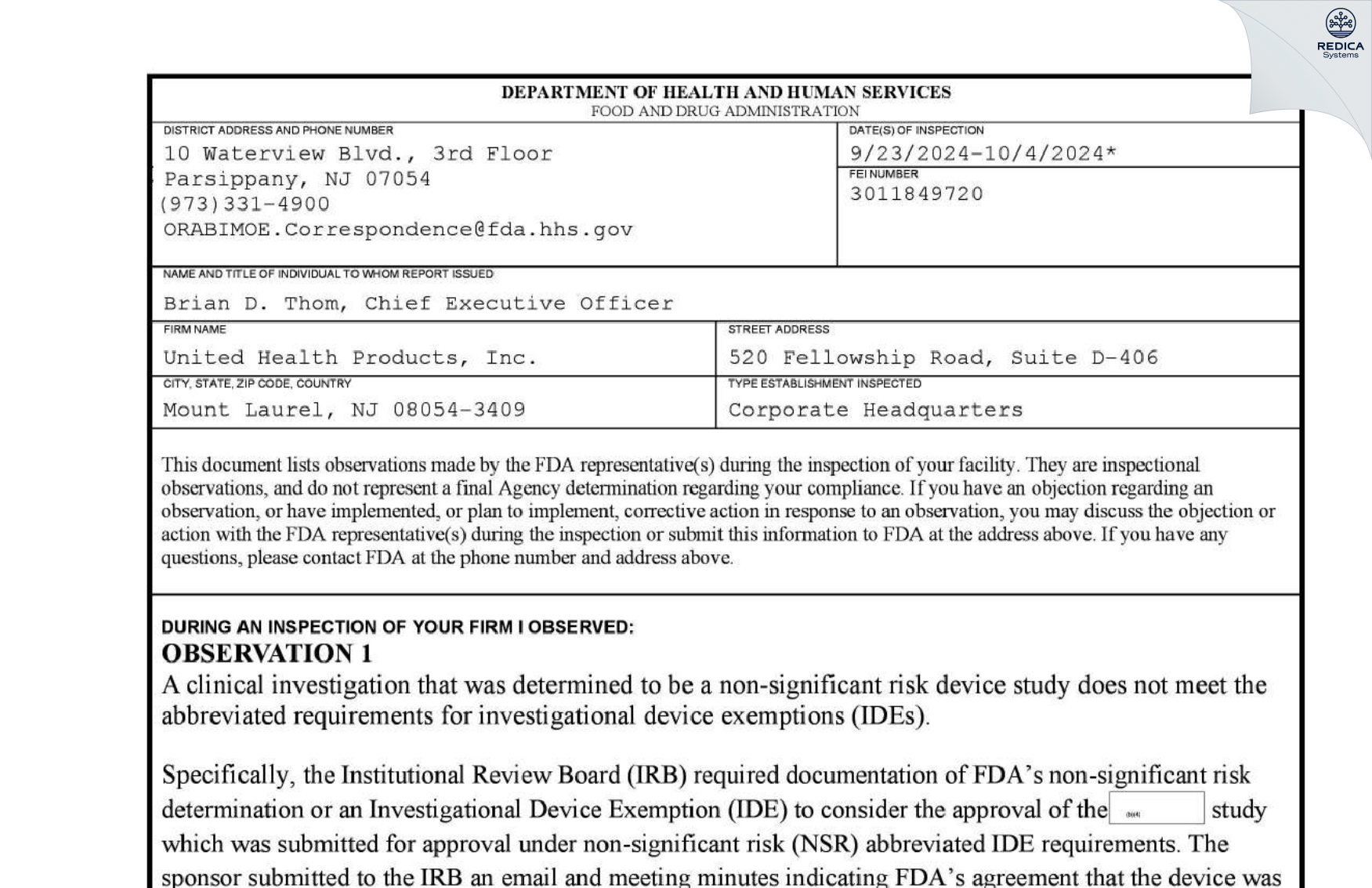 FDA 483 - UNITED HEALTH PRODUCTS [Henderson / United States of America] - Download PDF - Redica Systems