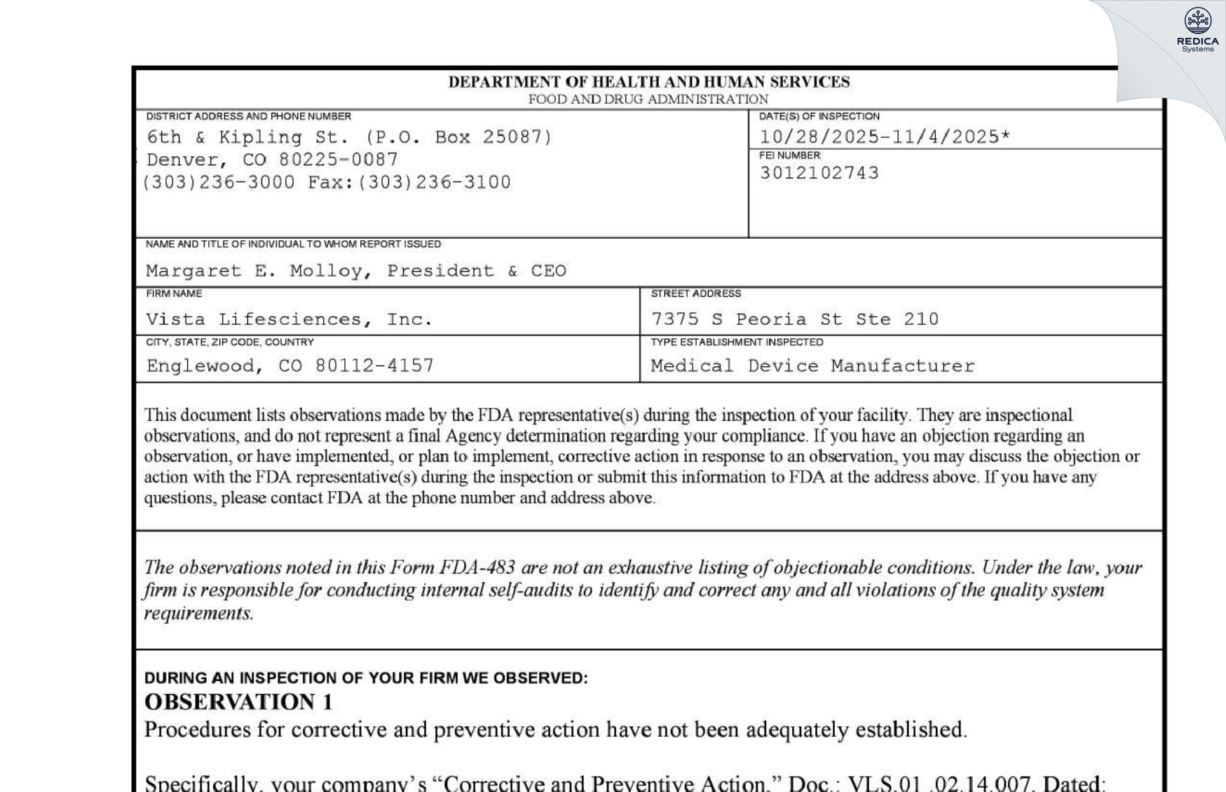 FDA 483 - Vista Lifesciences, Inc. [Englewood / United States of America] - Download PDF - Redica Systems