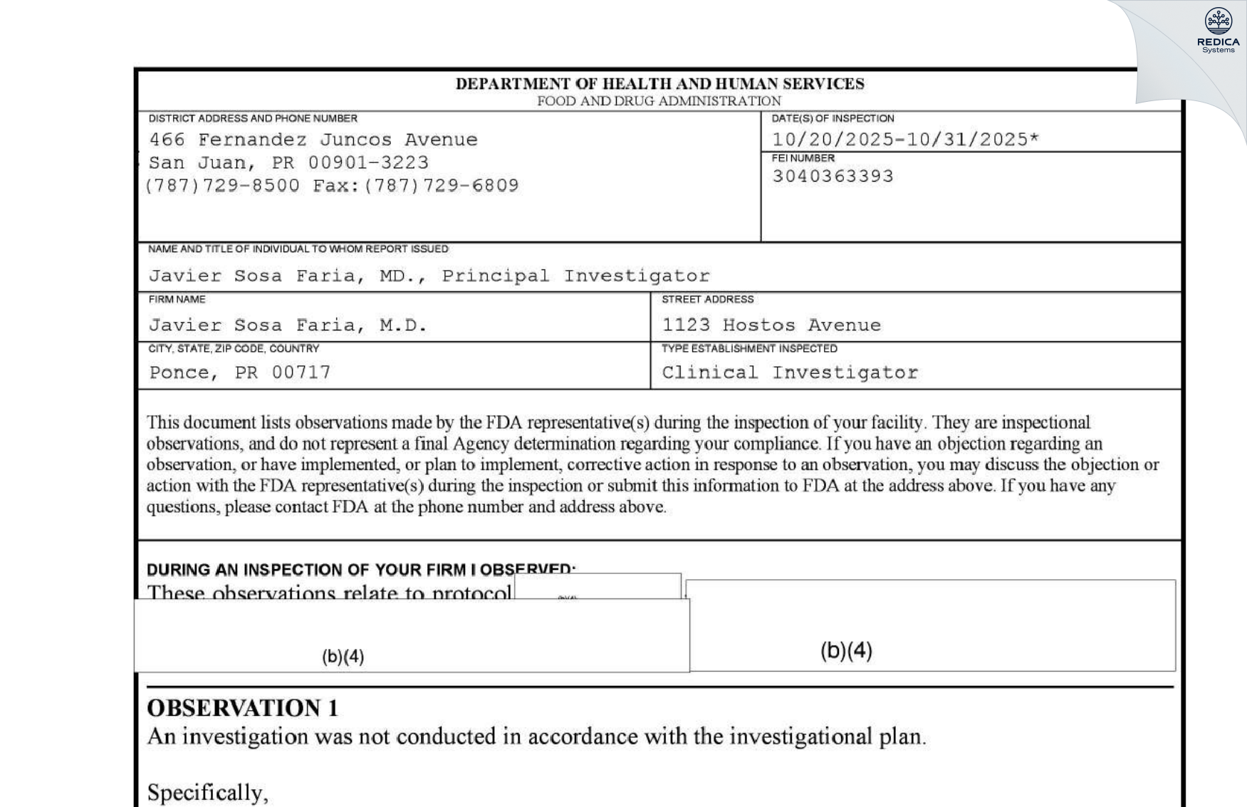 FDA 483 - Javier Sosa Faria, M.D. [Ponce / Puerto Rico] - Download PDF - Redica Systems