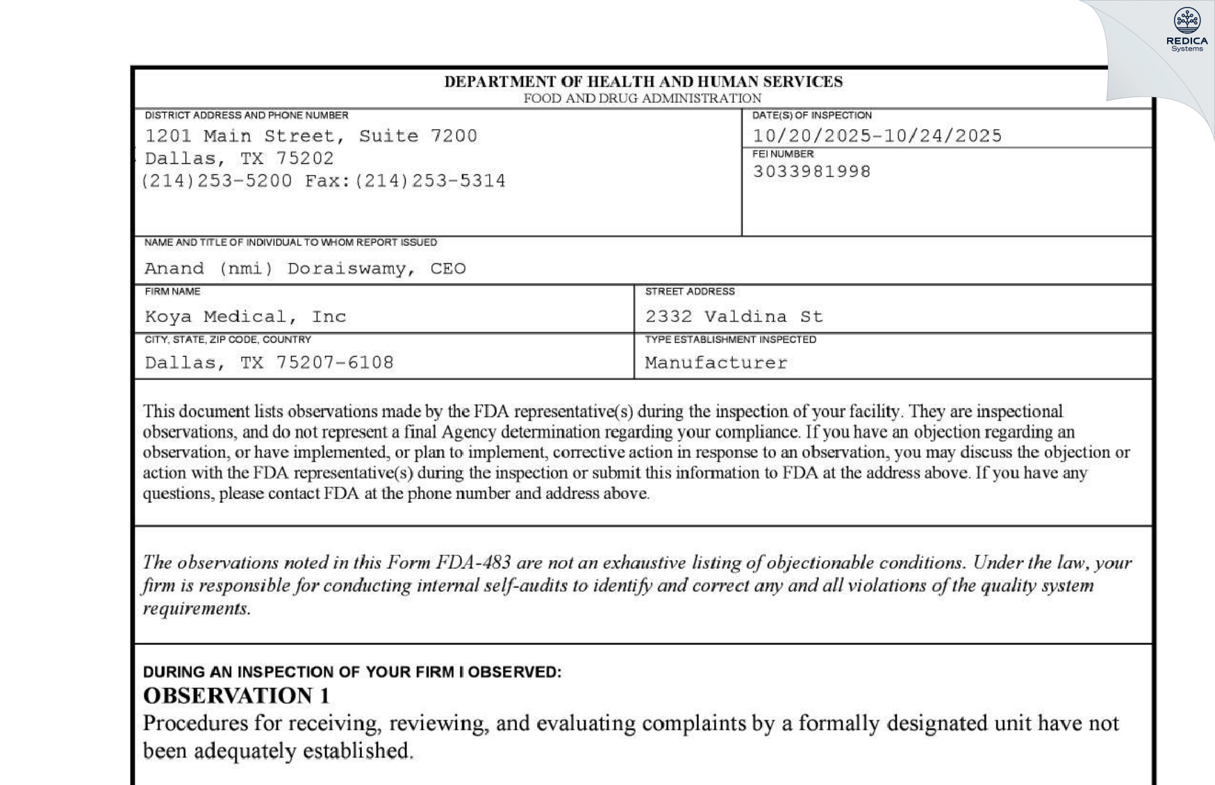 FDA 483 - KOYA MEDICAL, INC. [Dallas / United States of America] - Download PDF - Redica Systems