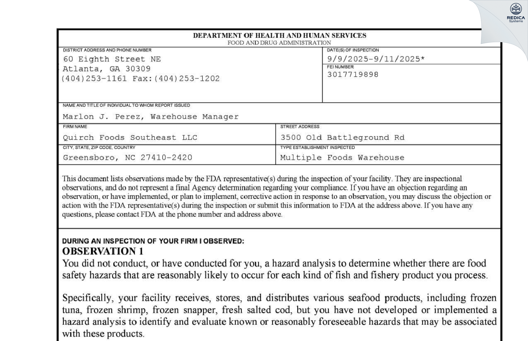 FDA 483 - Quirch Foods Southeast LLC [Greensboro / United States of America] - Download PDF - Redica Systems