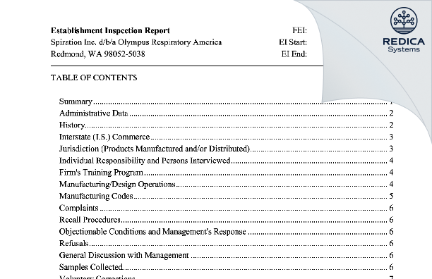 EIR - Spiration Inc. d/b/a Olympus Respiratory America [Redmond / United States of America] - Download PDF - Redica Systems