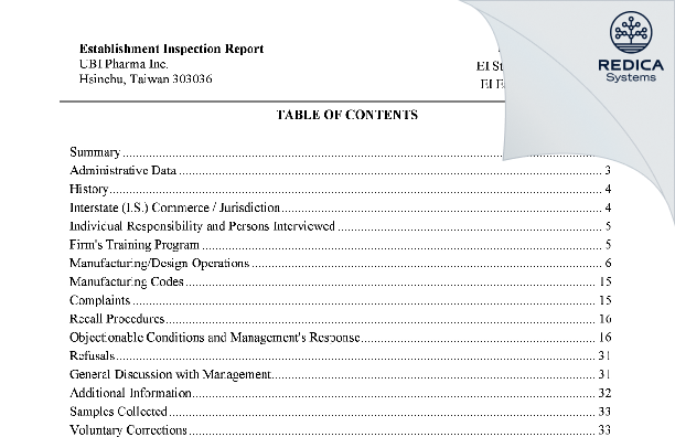 EIR - UBI Pharma Inc. [Hukou Township / Taiwan] - Download PDF - Redica Systems