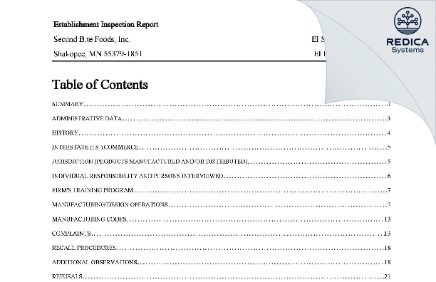 EIR - Second Bite Foods, Inc. [Shakopee / United States of America] - Download PDF - Redica Systems