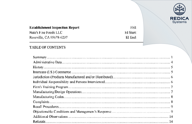 EIR - Nate's Fine Foods LLC [Roseville / United States of America] - Download PDF - Redica Systems