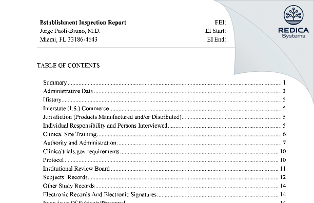 EIR - Jorge Paoli-Bruno, M.D. [Miami / United States of America] - Download PDF - Redica Systems